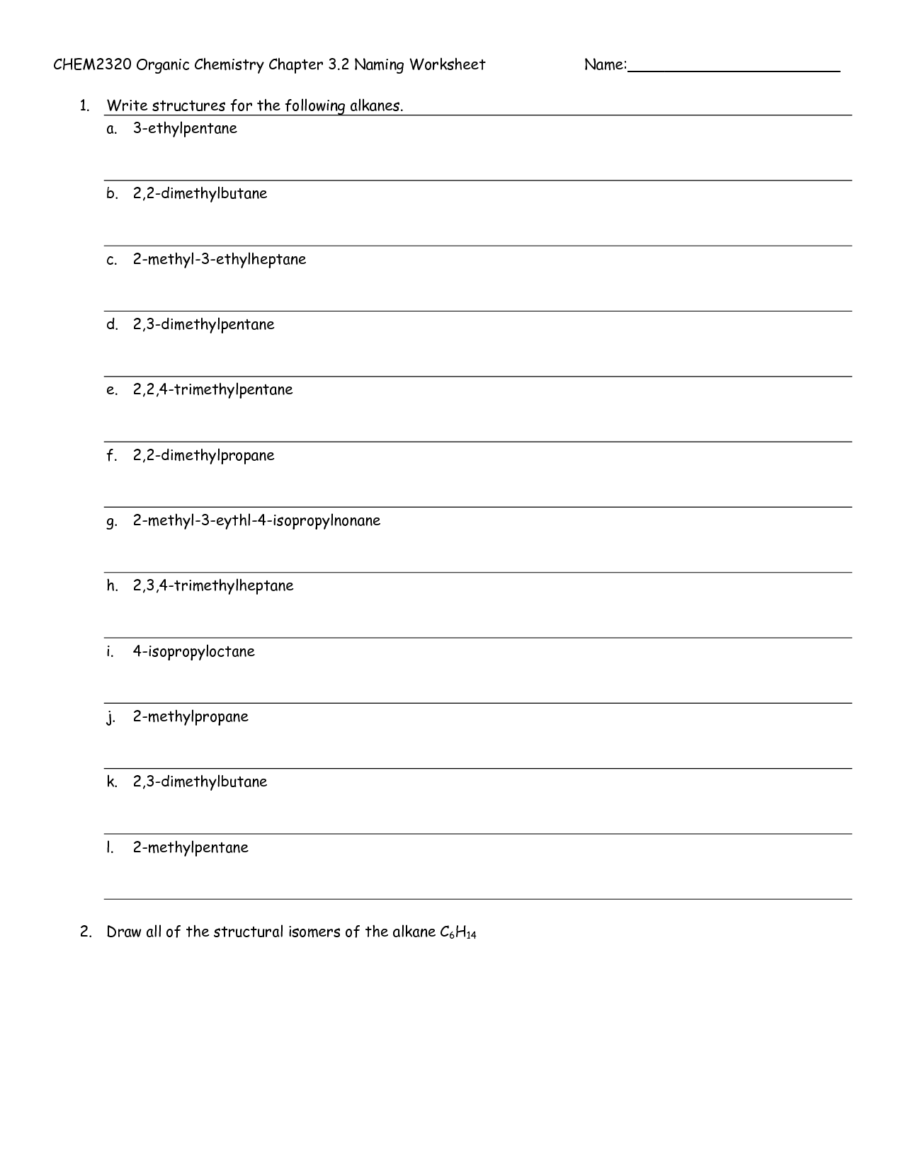 Organic Chemistry Nomenclature Worksheet