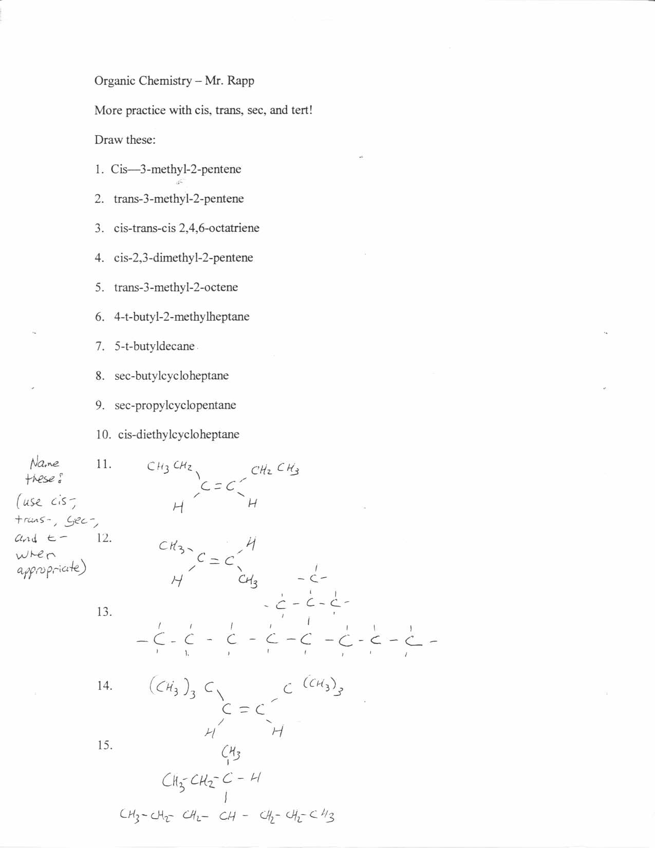 Organic Chemistry Nomenclature Worksheets with Answers