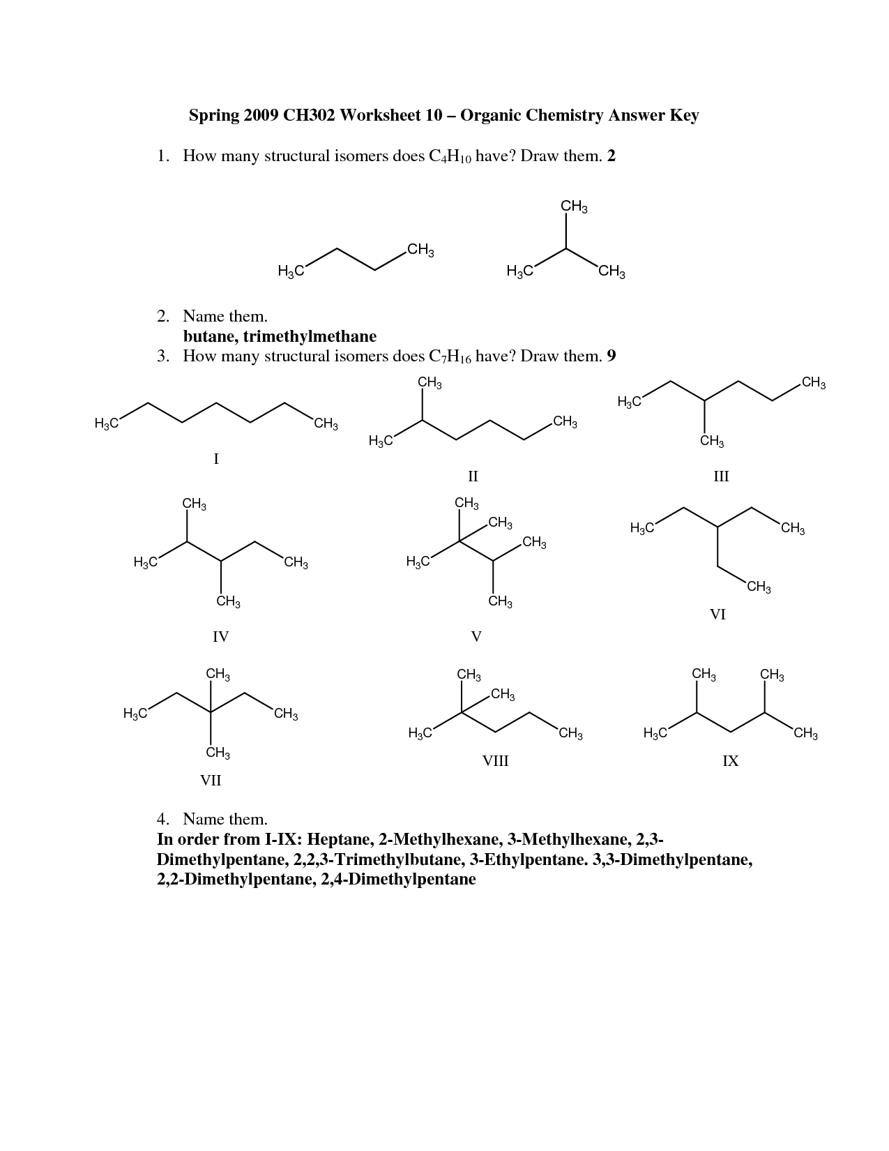 Organic Chemistry Worksheets Answers