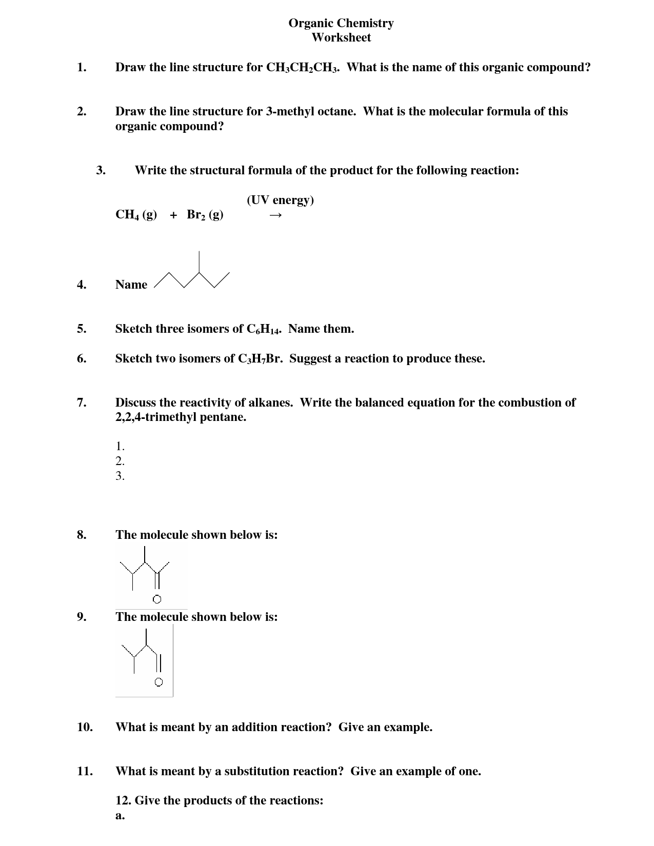 Organic Compounds Structure Worksheet