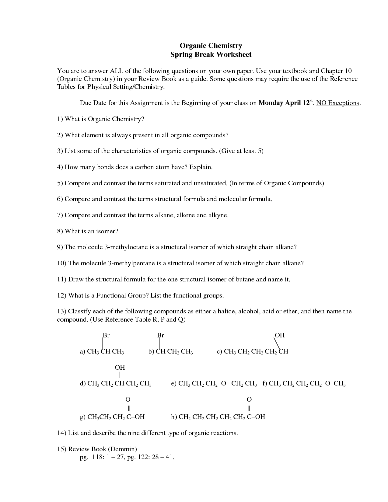 Organic Molecules Worksheet Review Answers