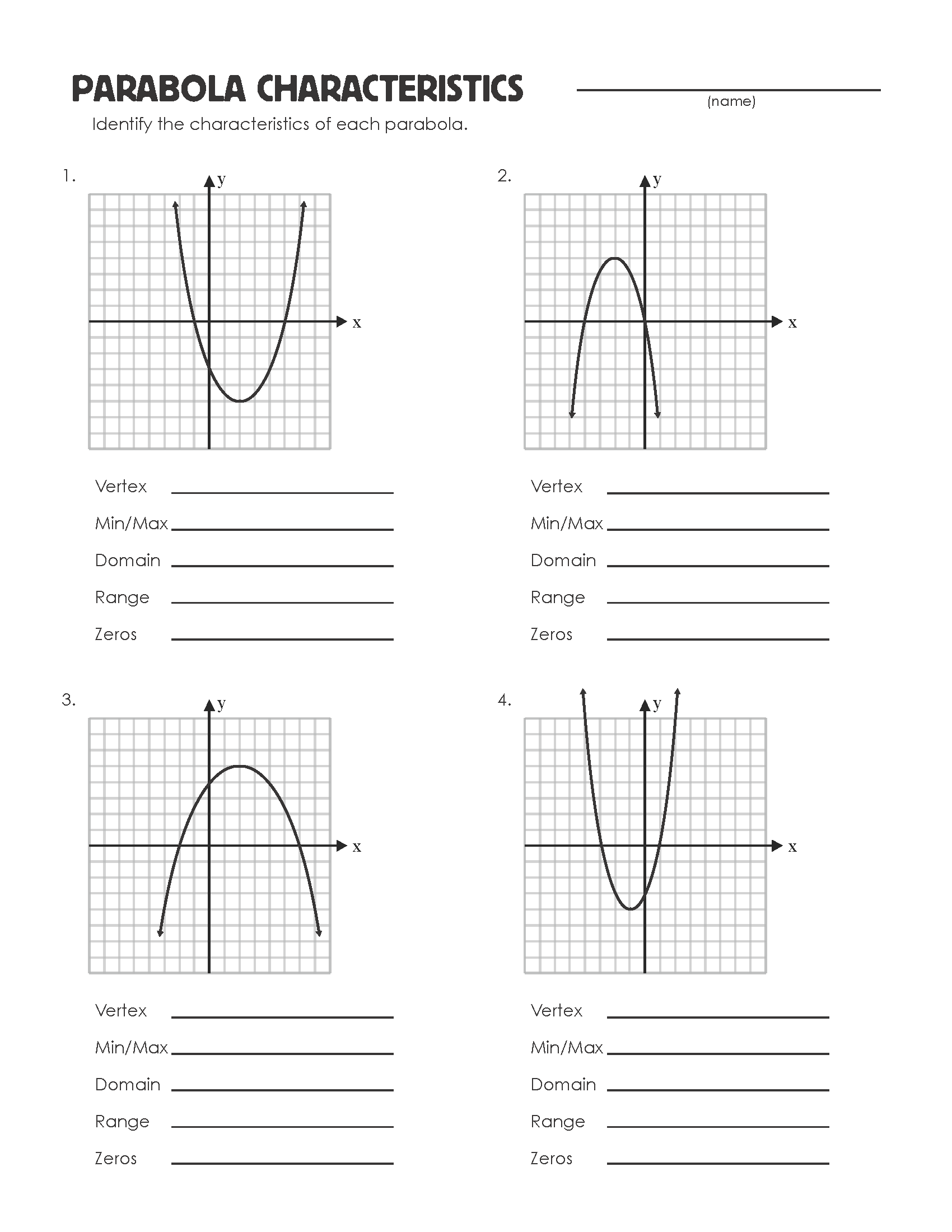 Parabola Characteristics Worksheet