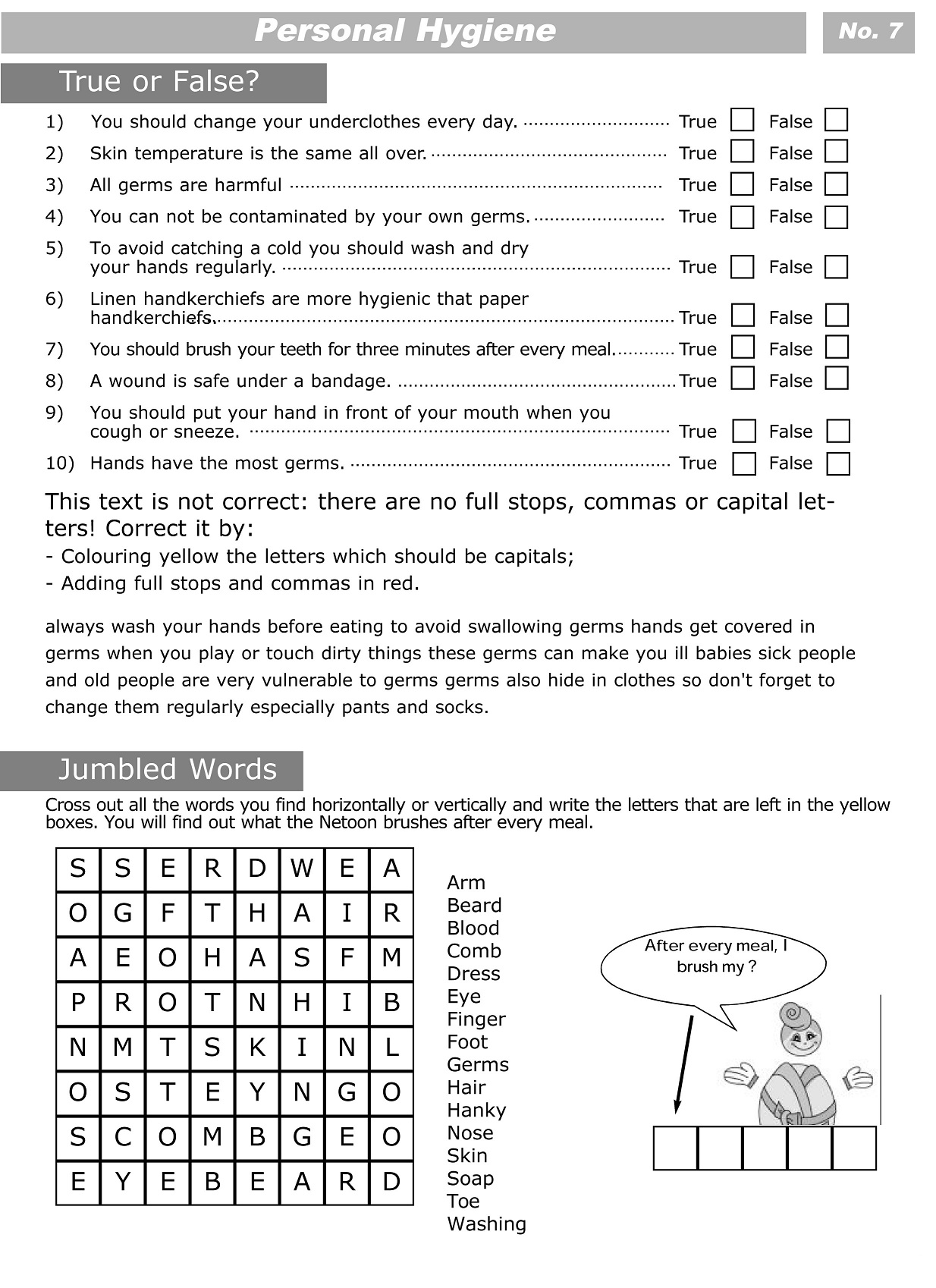 Personal Hygiene Activities for Kids Worksheets Image