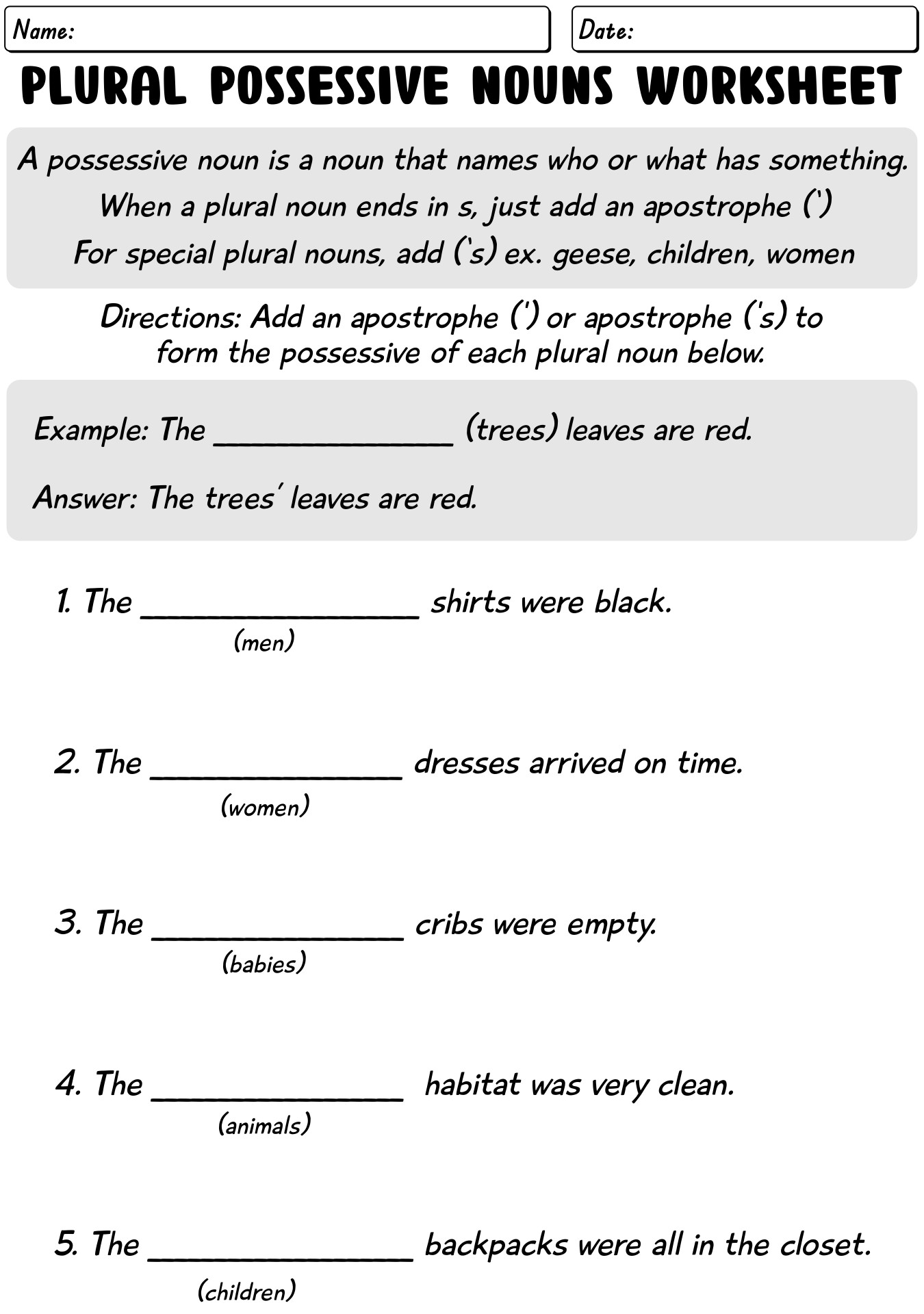 Possessive Nouns Worksheets Esl