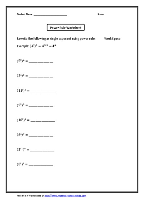 Printable Math Power Rule Worksheet Answers Image