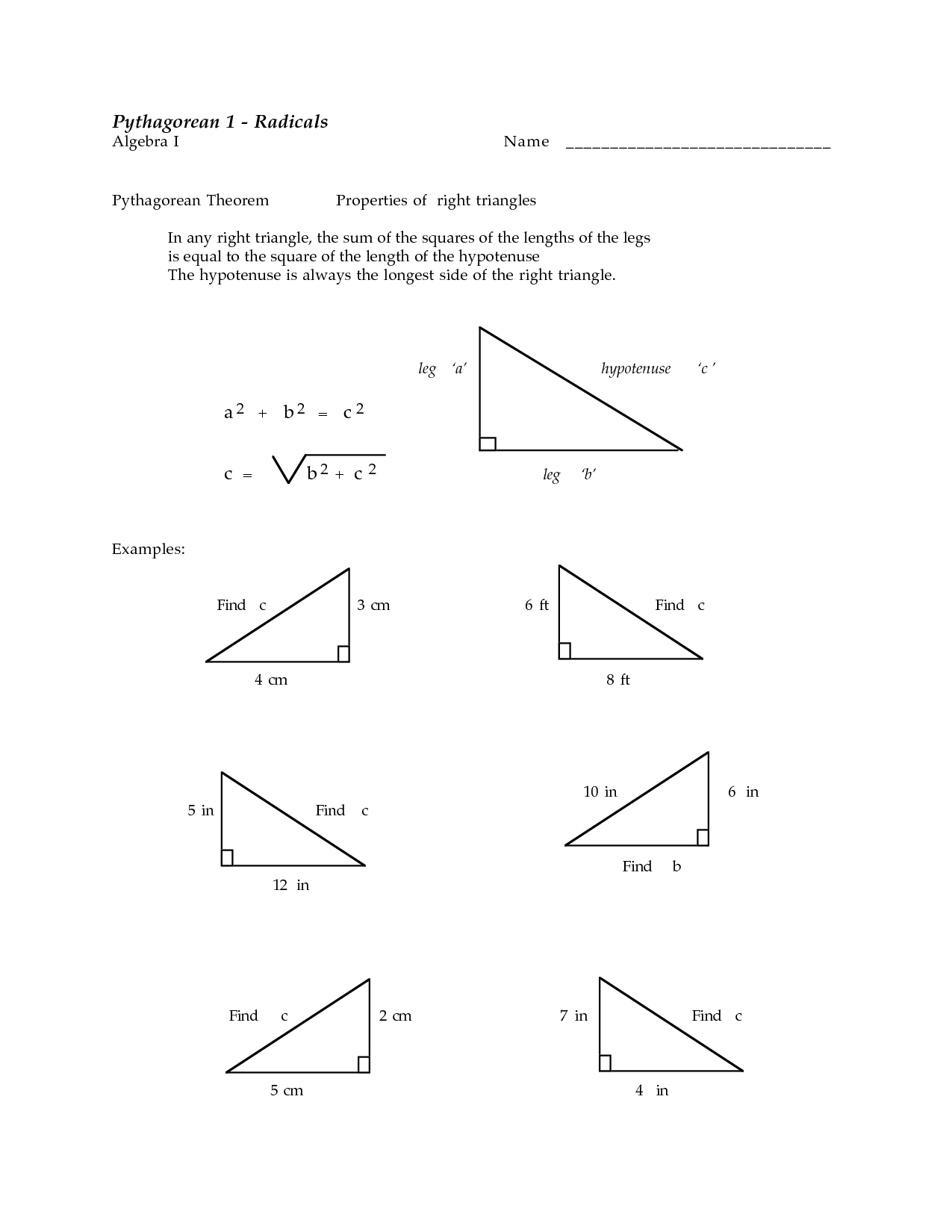Right Triangle Pythagorean Theorem Worksheets Image