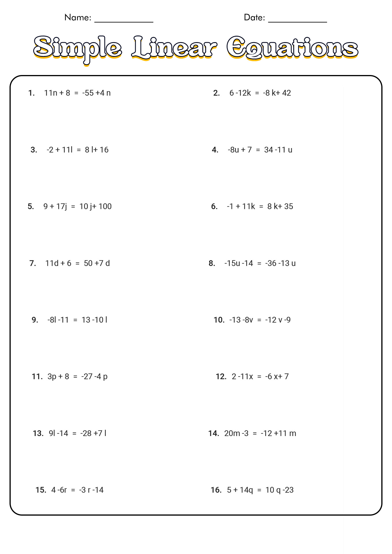 Solve Algebra Equation Worksheet Image