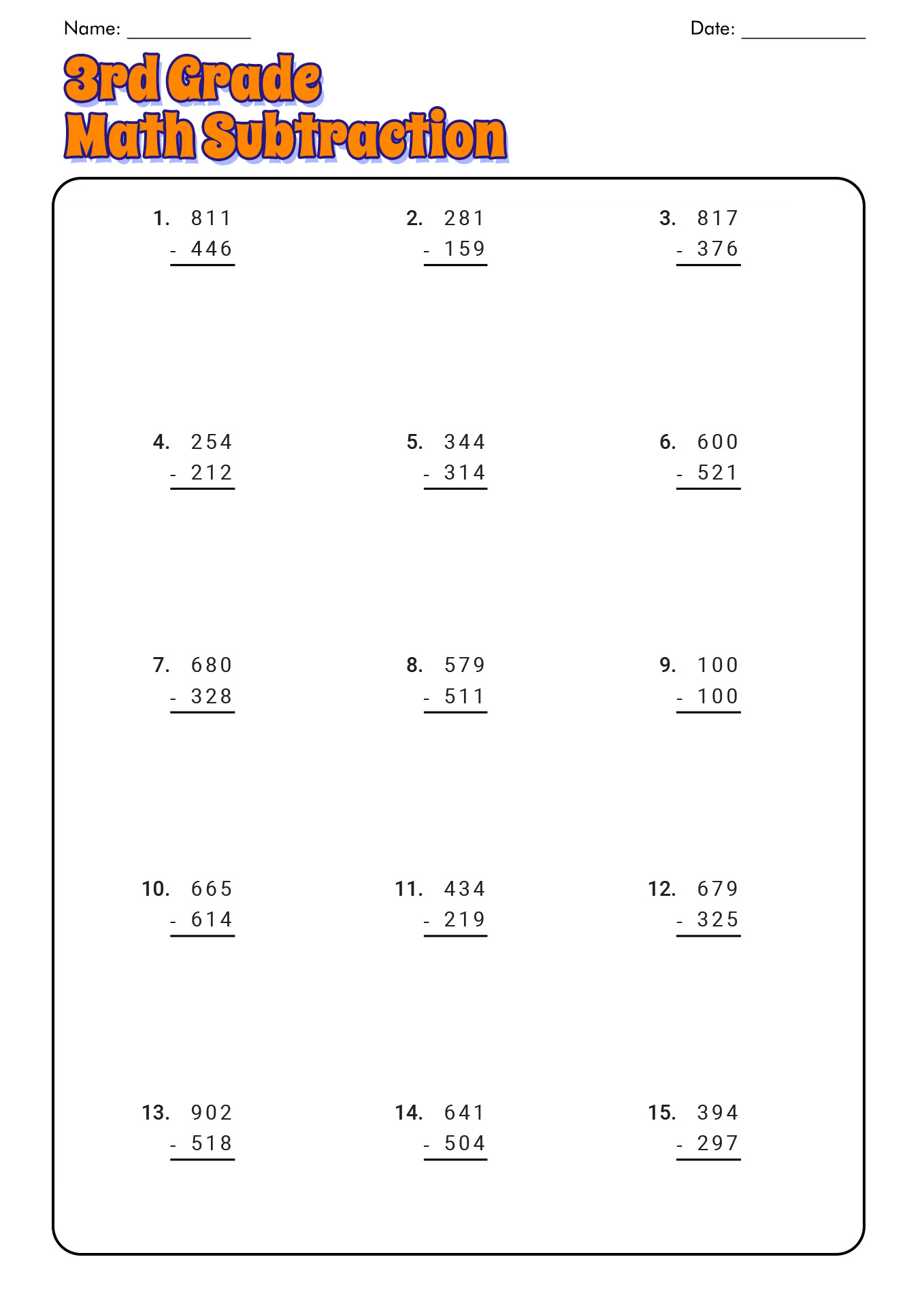 3rd Grade Math Subtraction Worksheets