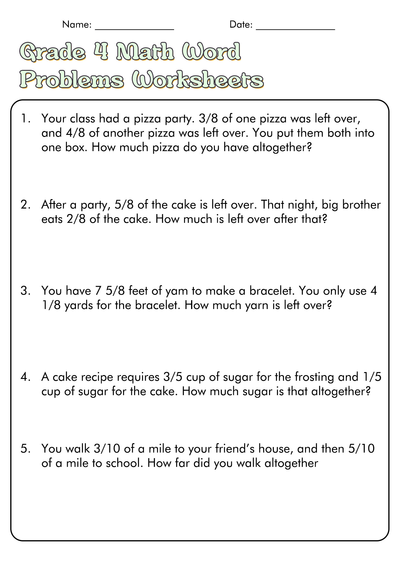 4th Grade Math Problems Worksheets