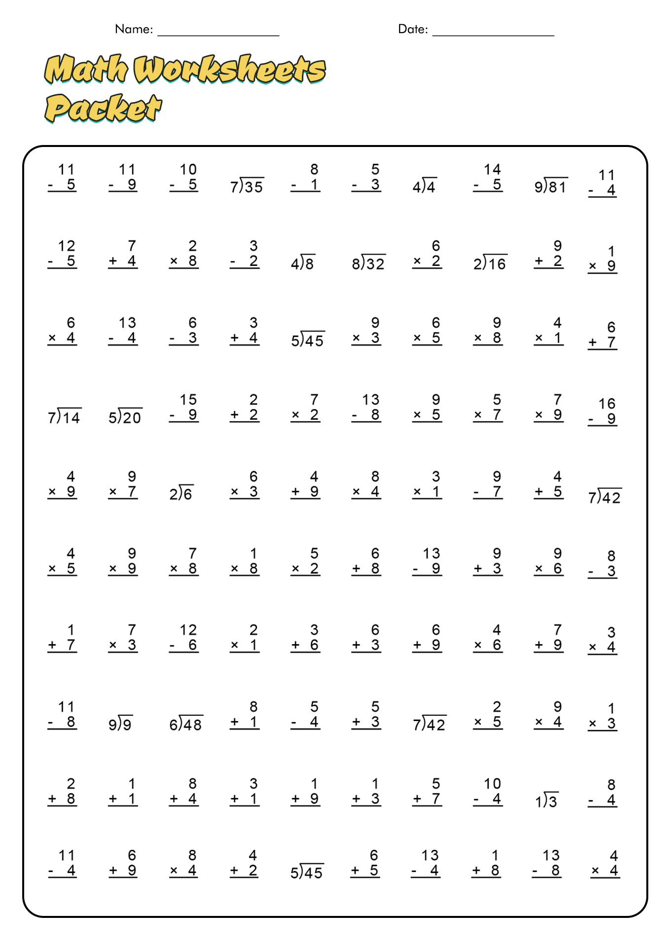4th Grade Math Worksheet Packet Image