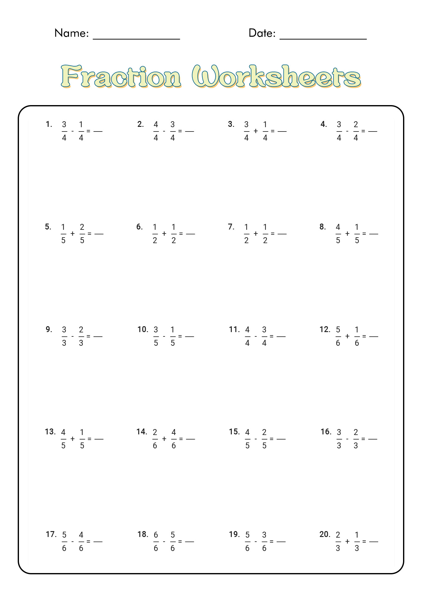 4th Grade Math Worksheets Fractions