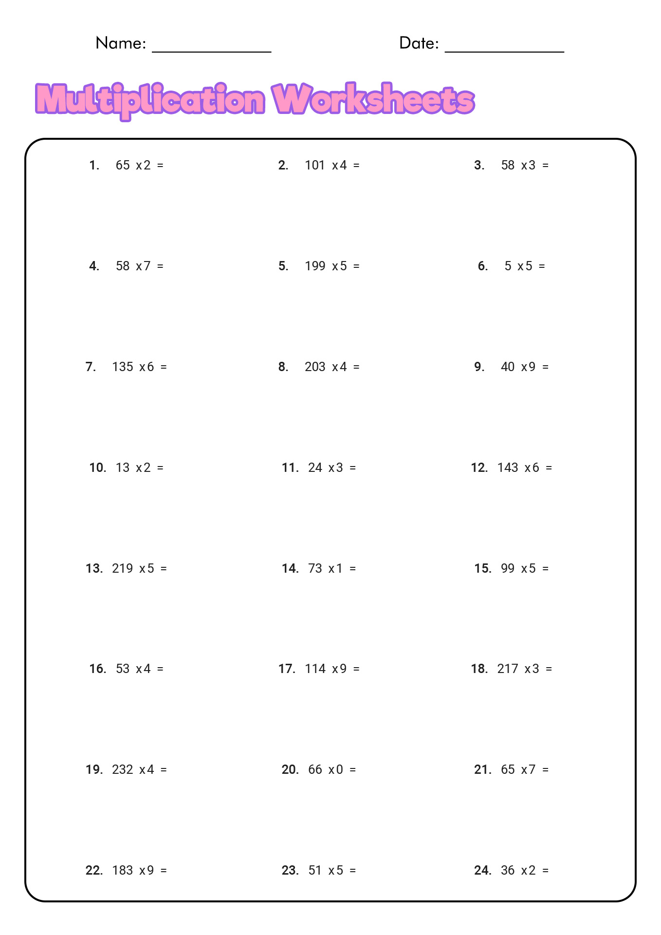 4th Grade Multiplication Practice Worksheets