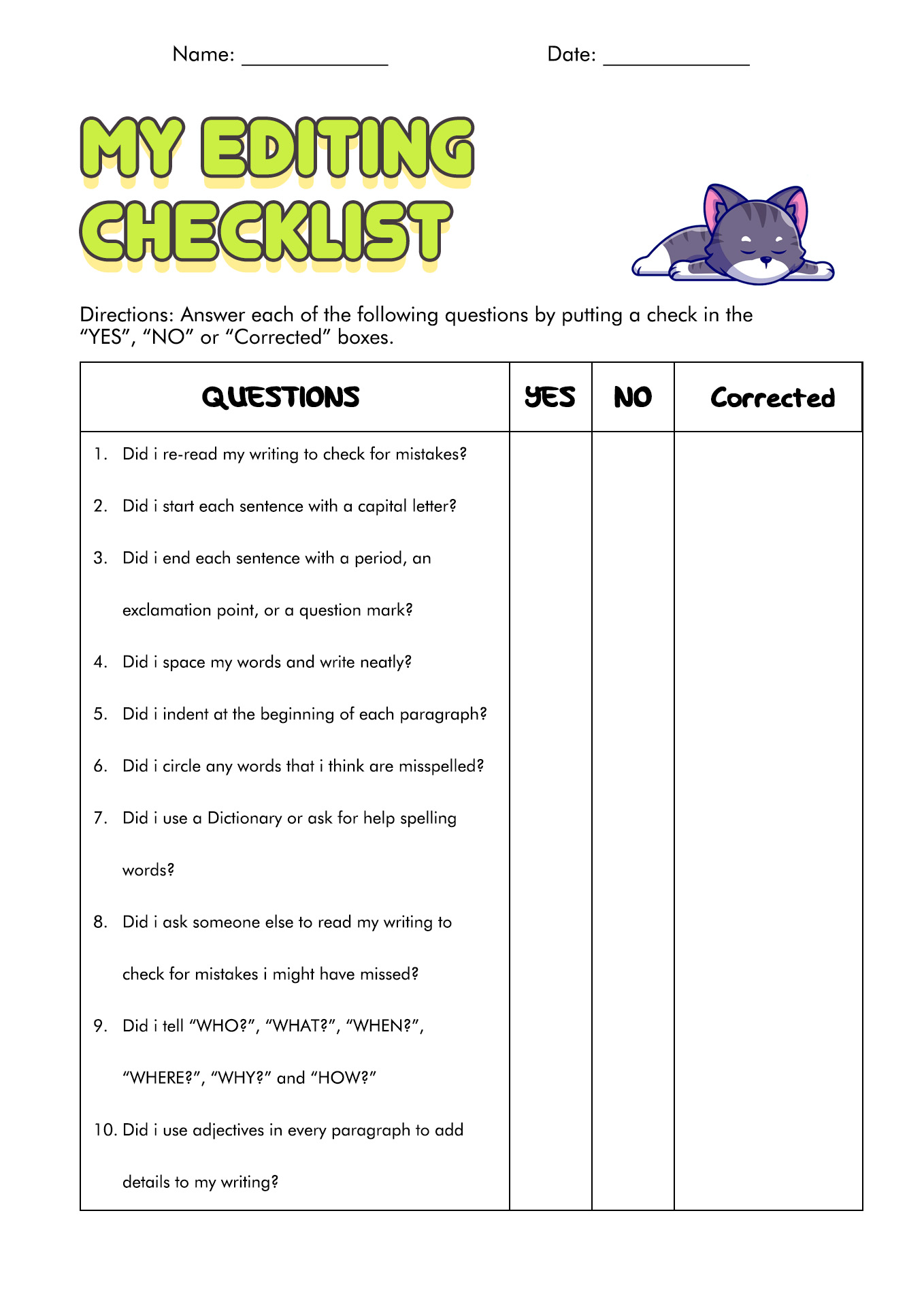 4th Grade Writing Checklist