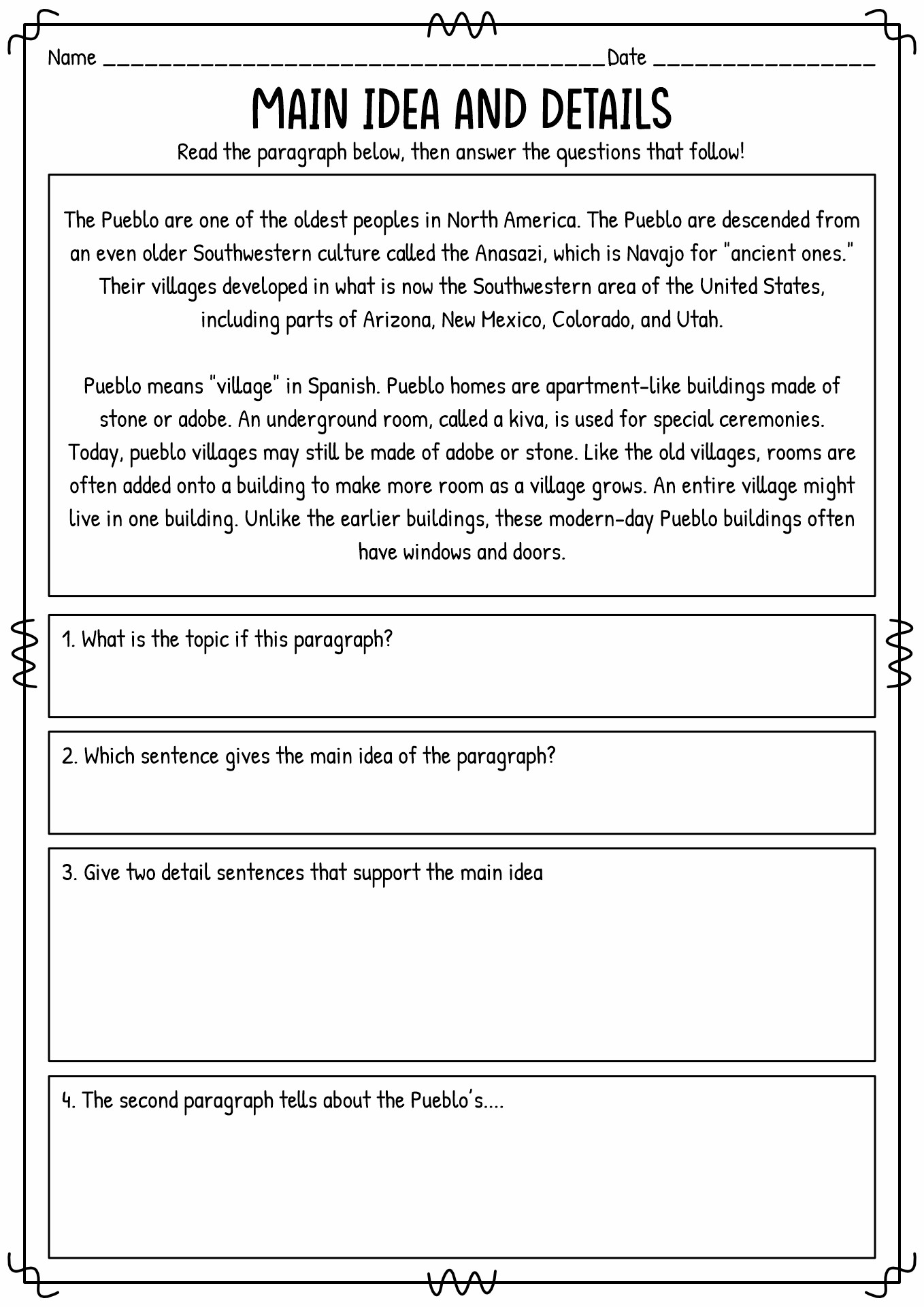 5th Grade Main Idea and Detail Worksheets