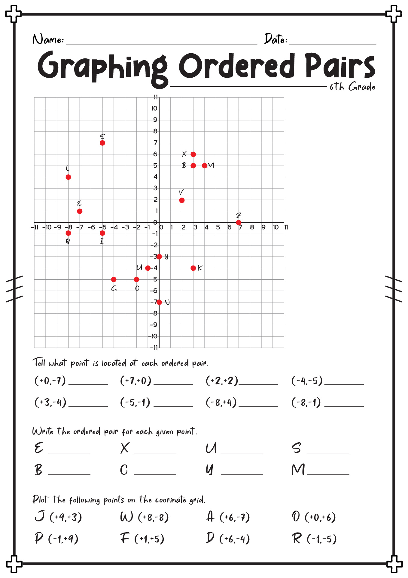 6th Grade Graphing Ordered Pairs Worksheets