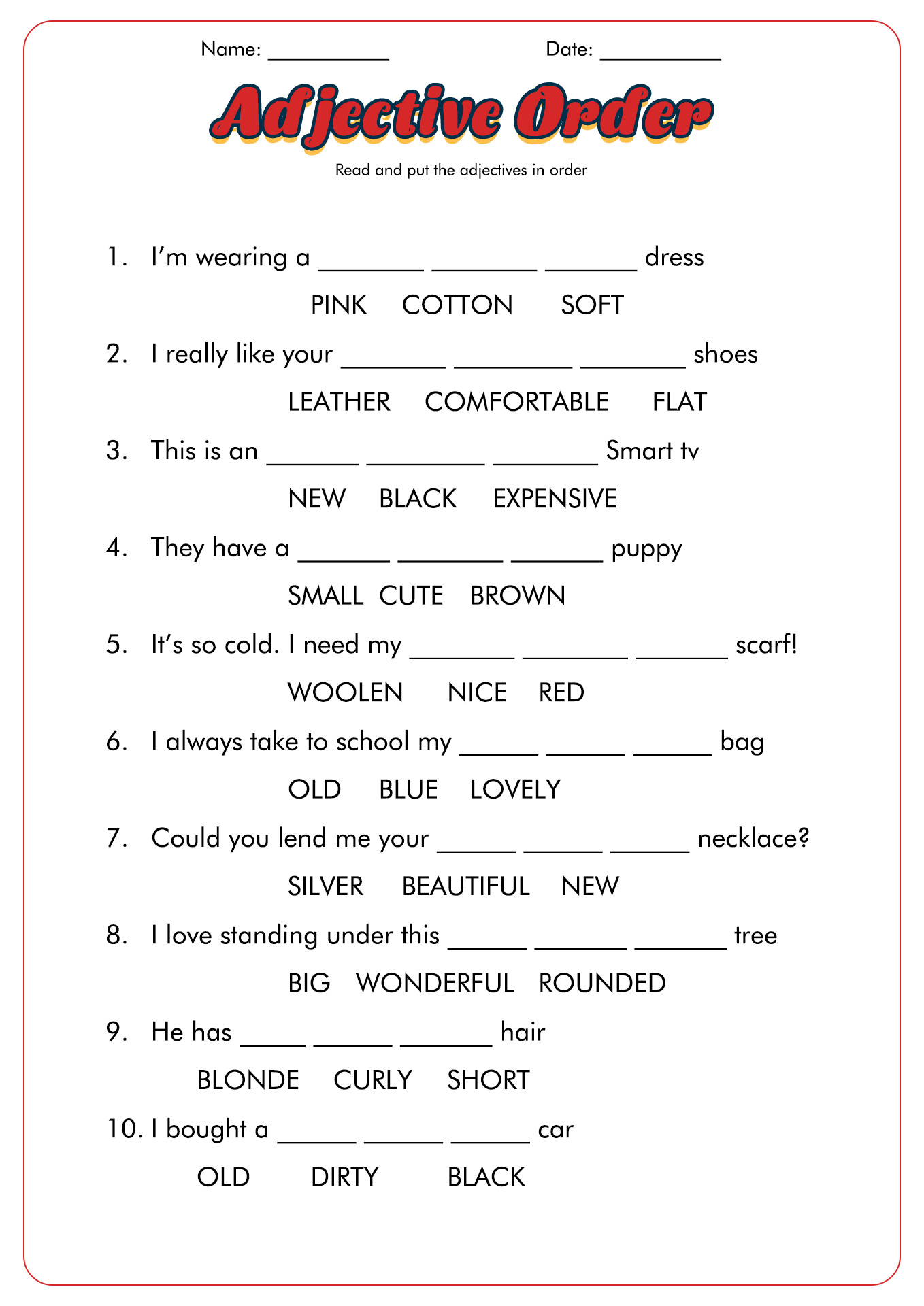 Adjective Order Worksheets Image