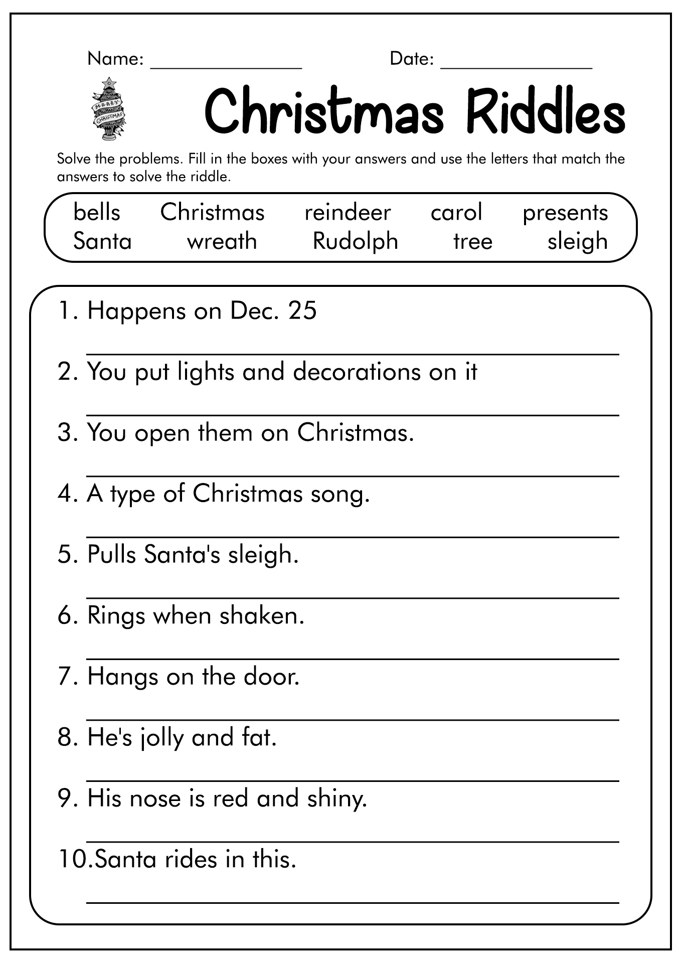 Christmas Riddle Worksheets