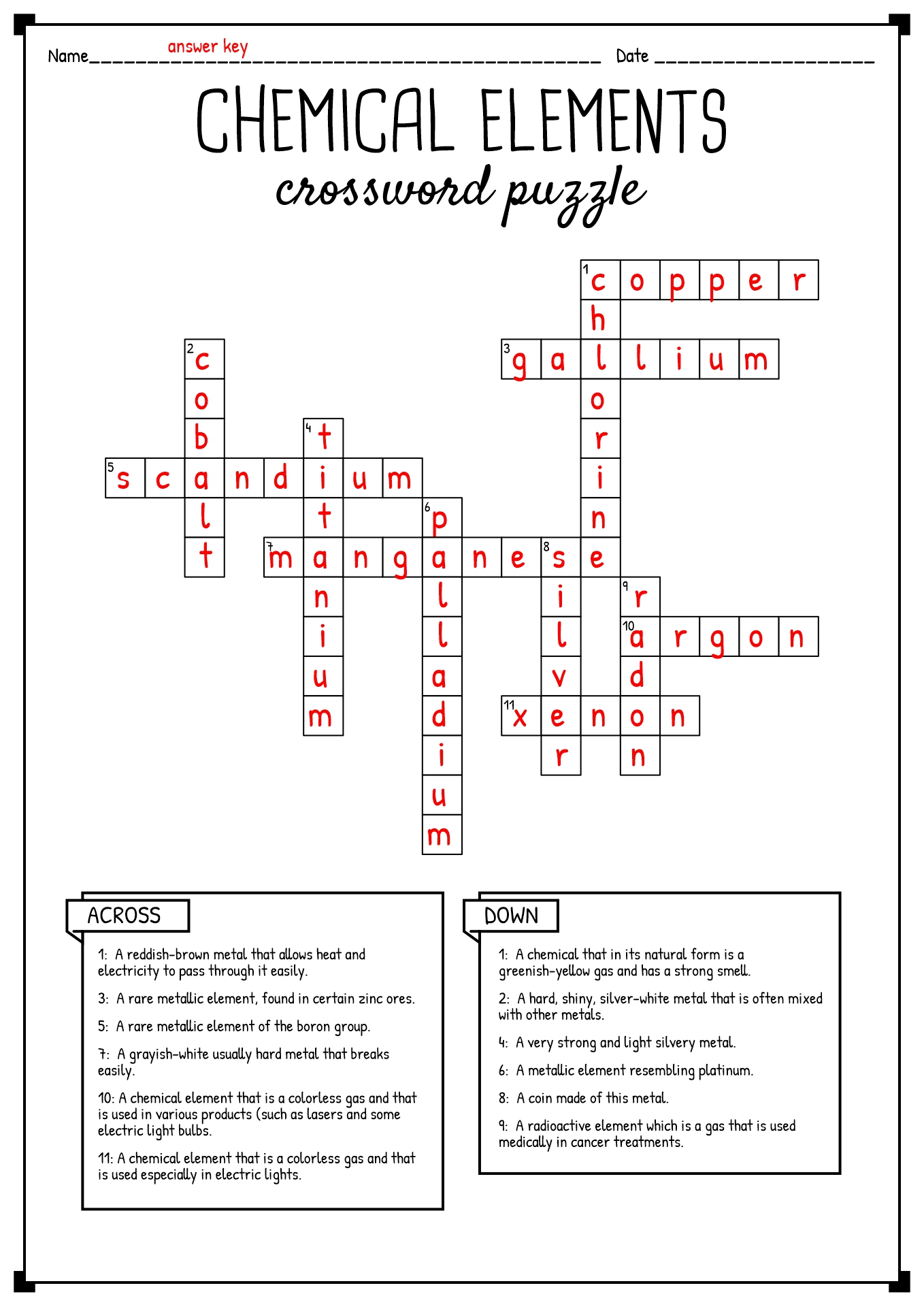 Element Crossword Puzzle Answer Key