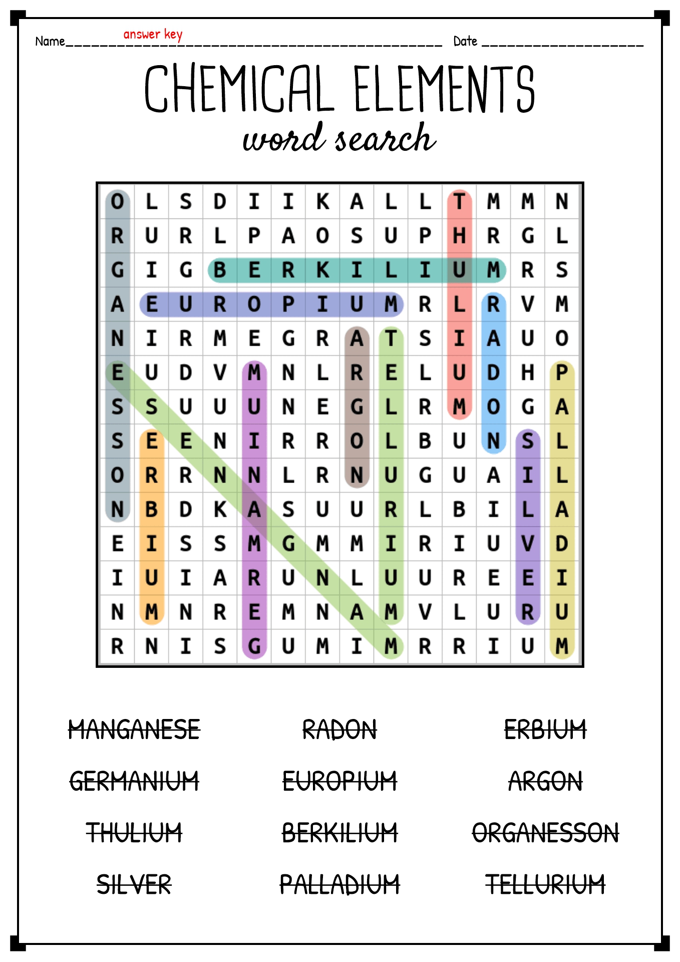 Element Word Search Answer Key