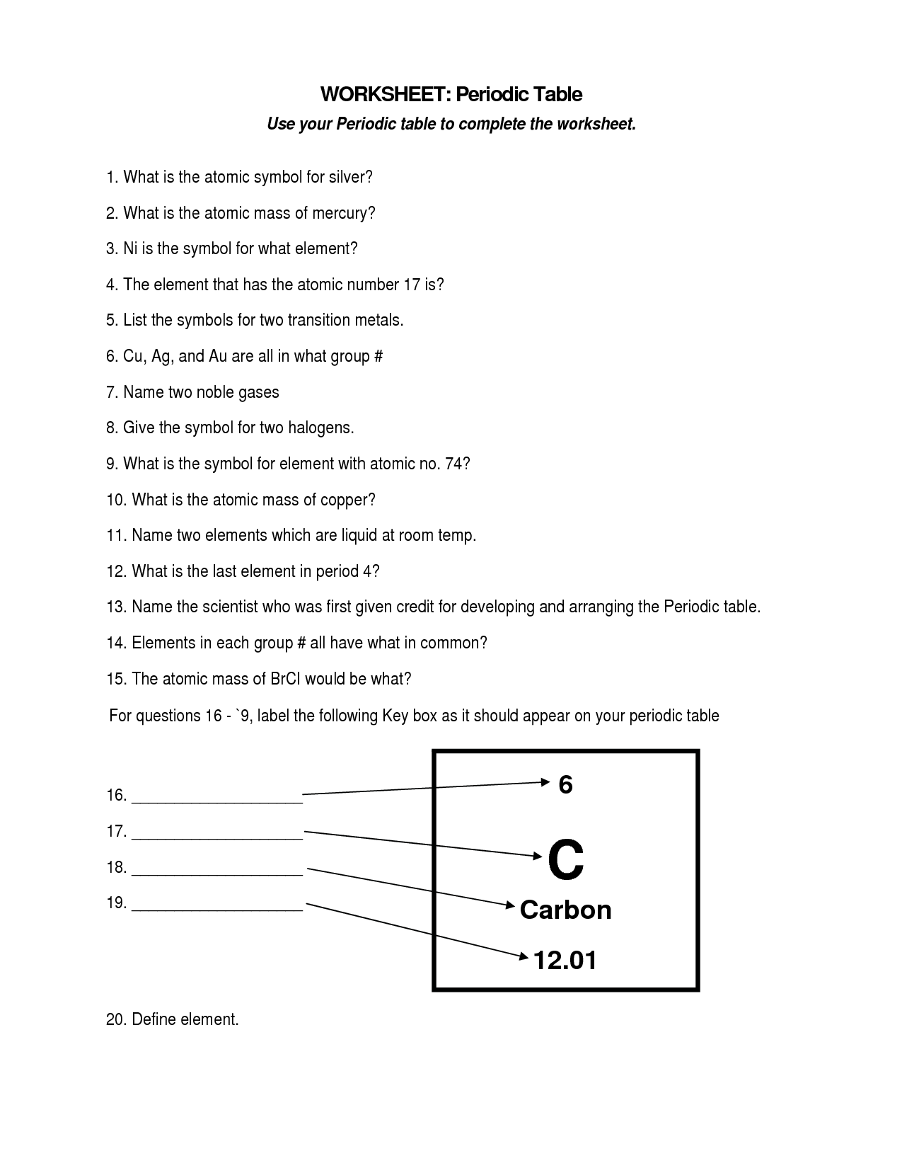 Elements and Periodic Table Worksheet Image
