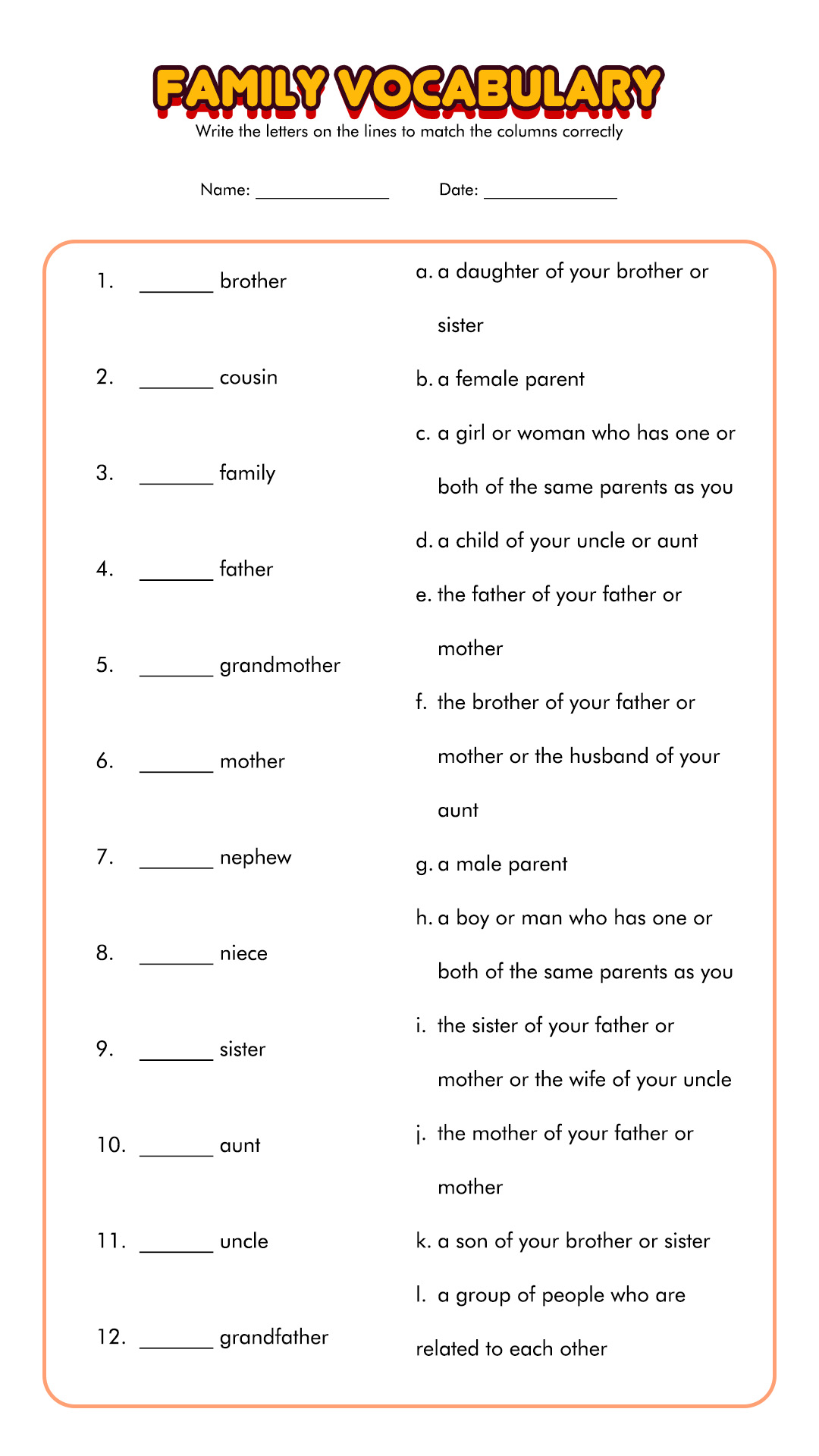 ESL Family Vocabulary Worksheets