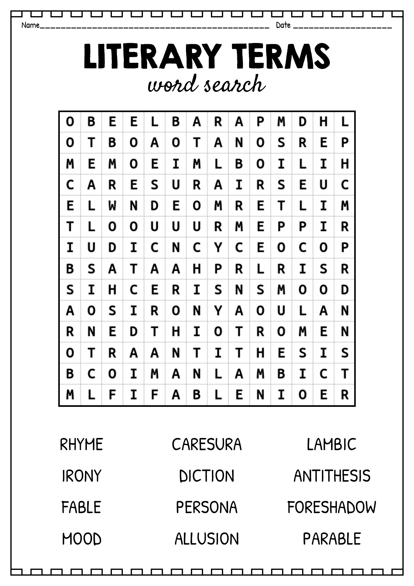 Literary Terms Word Search