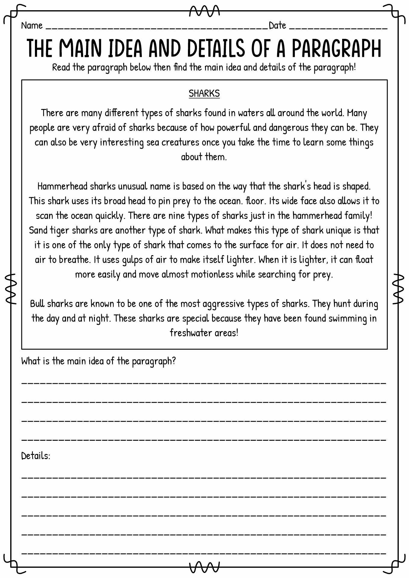 Main Idea and Details Worksheets 2nd Grade