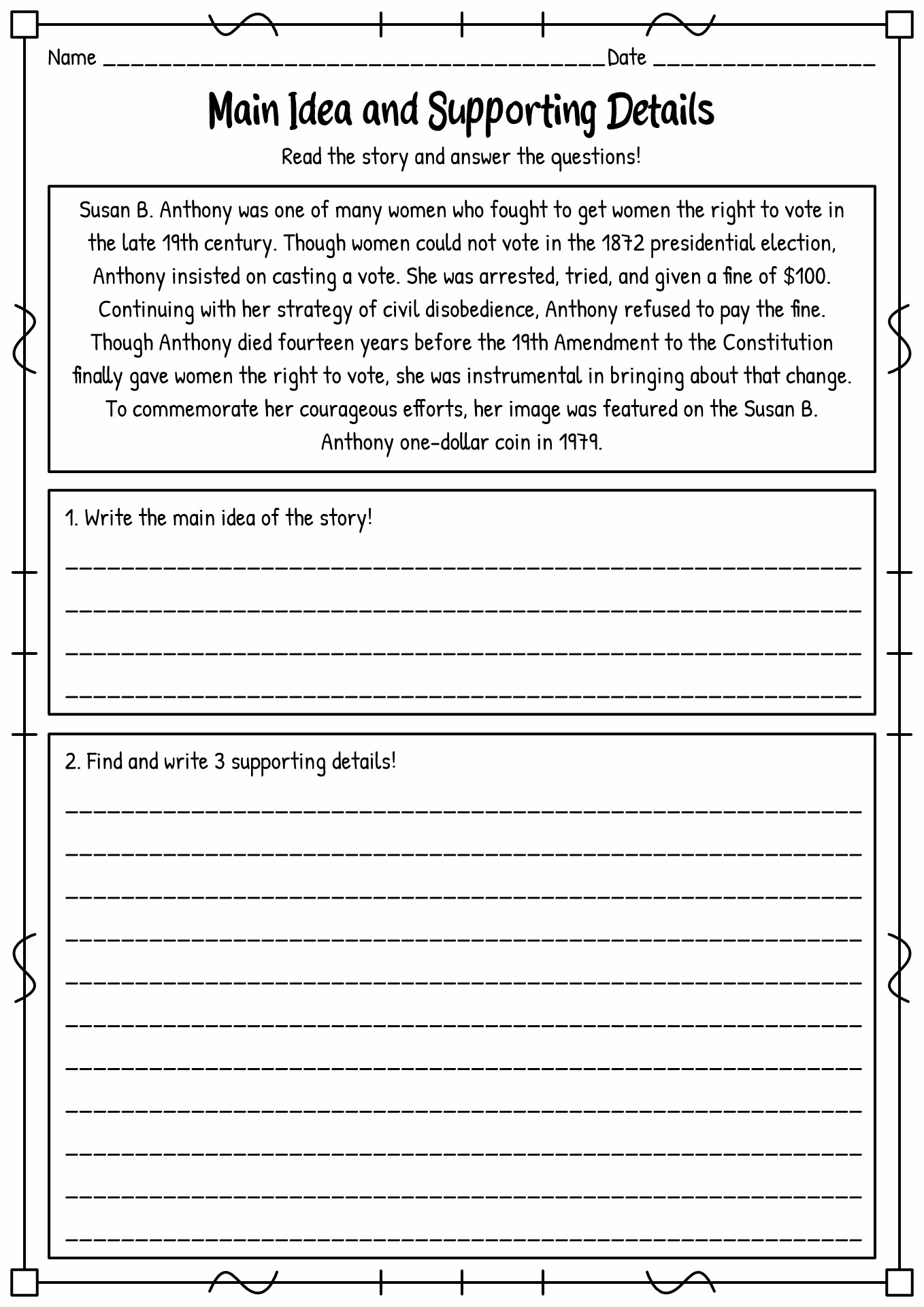 Main Idea and Details Worksheets