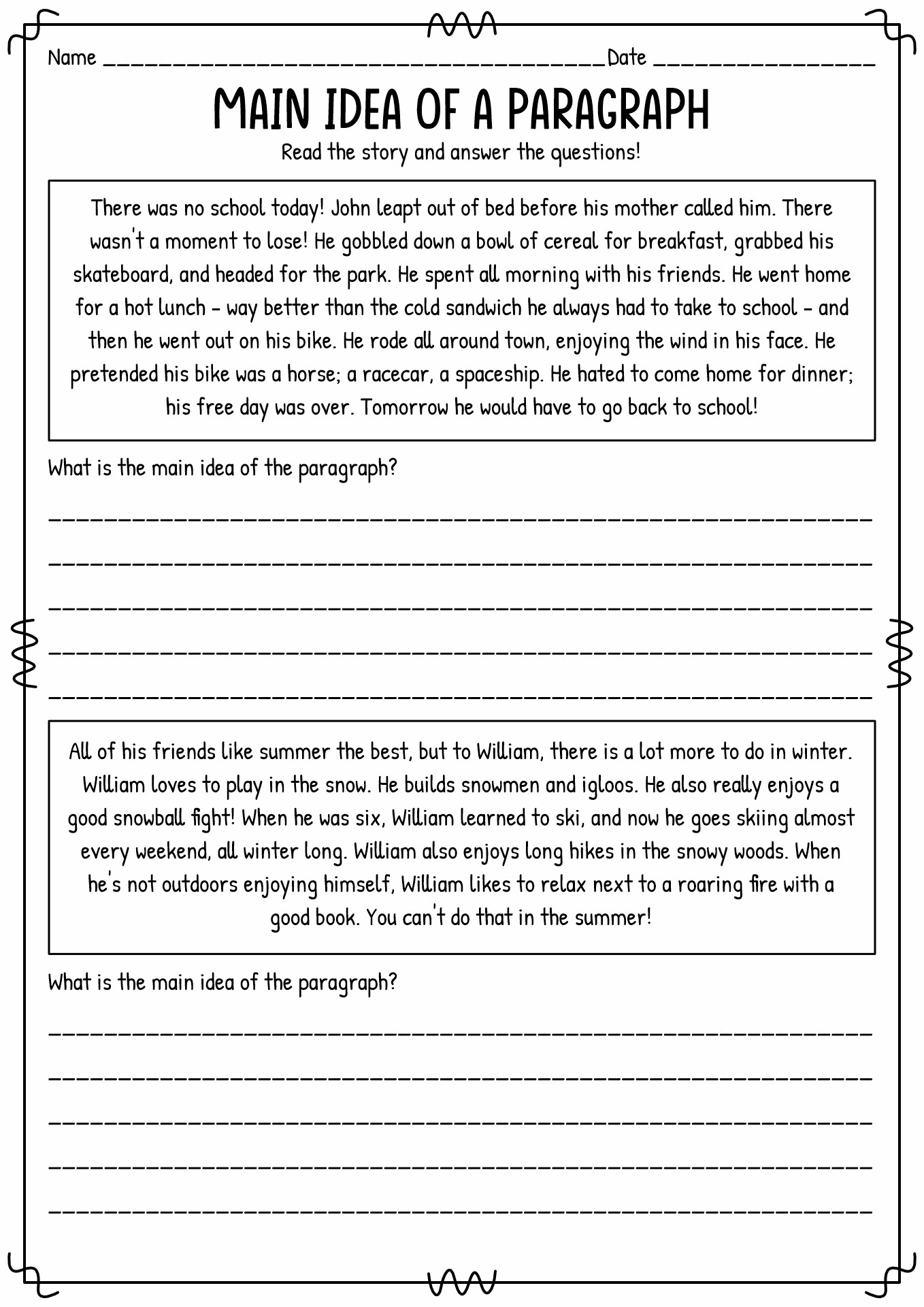 Main Idea And Details Worksheets 2nd Grade