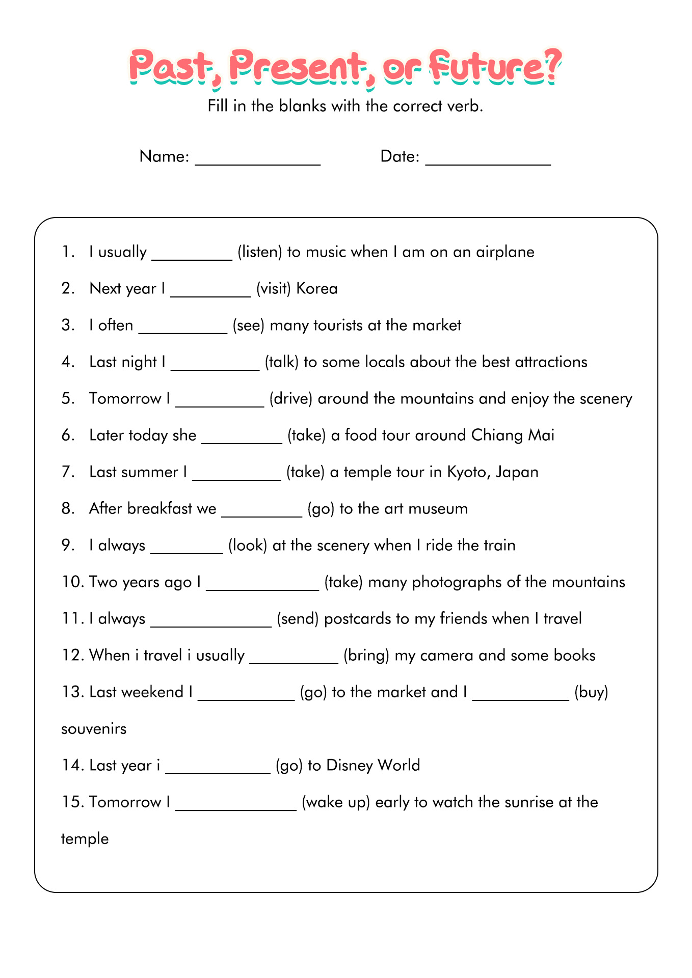 Past Present and Future Tense Worksheets