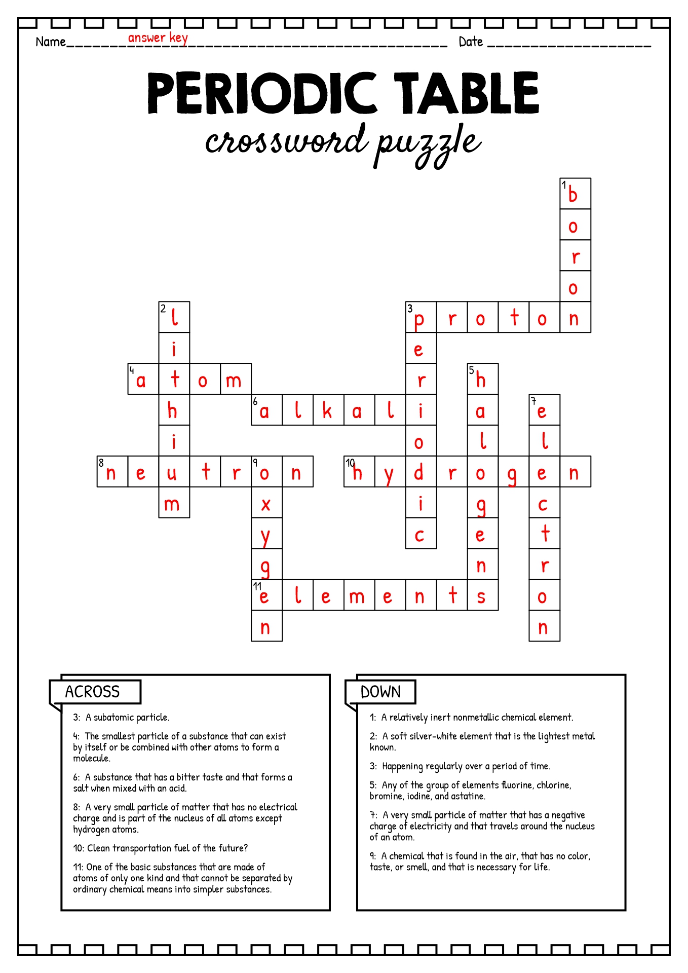 Periodic Table Crossword Puzzle Answers