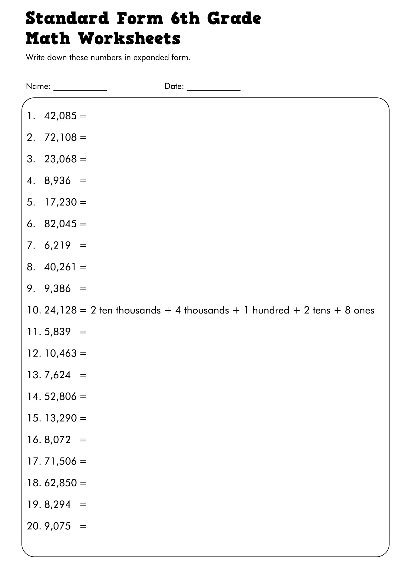Standard Form 6th Grade Math Worksheets