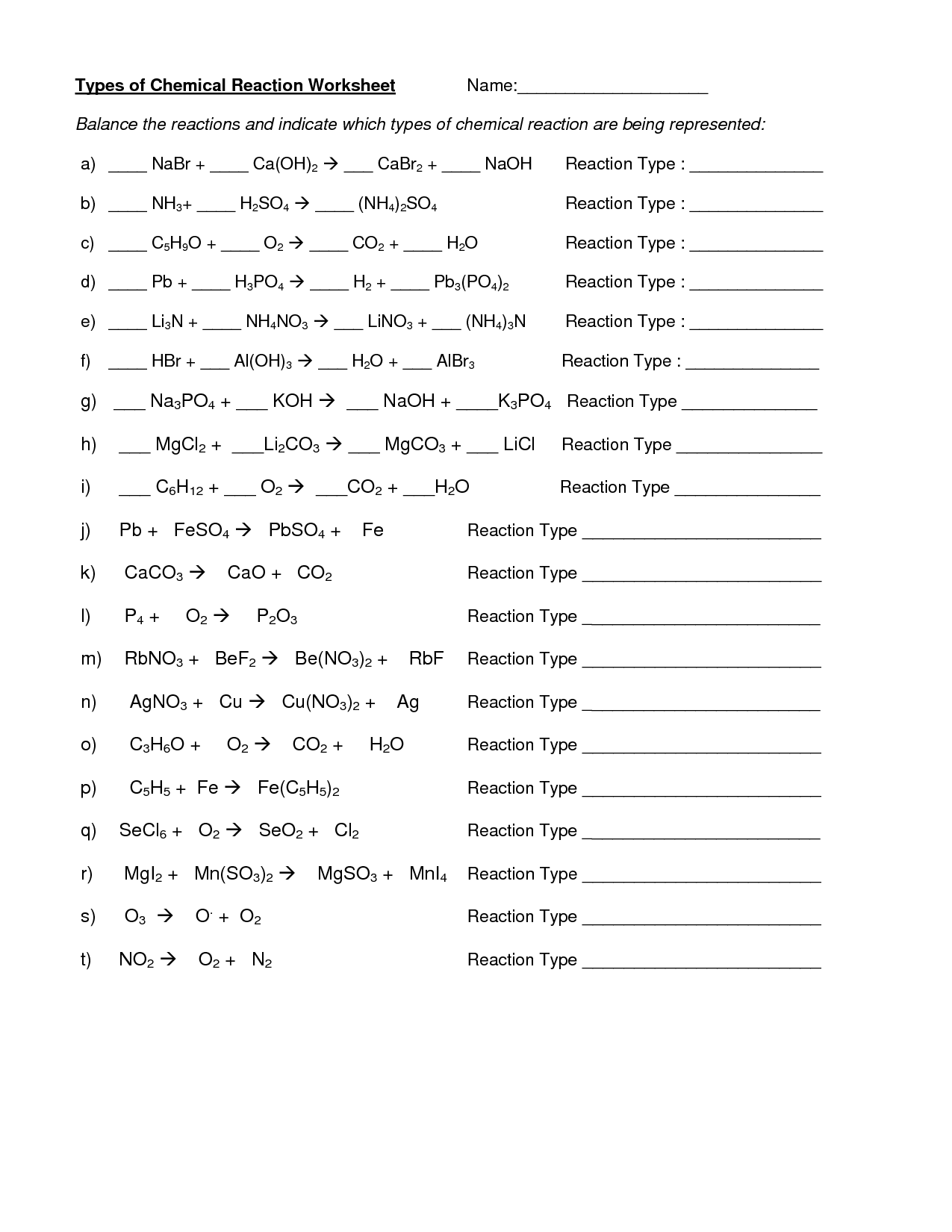 14 Chemical Reactions Worksheet /