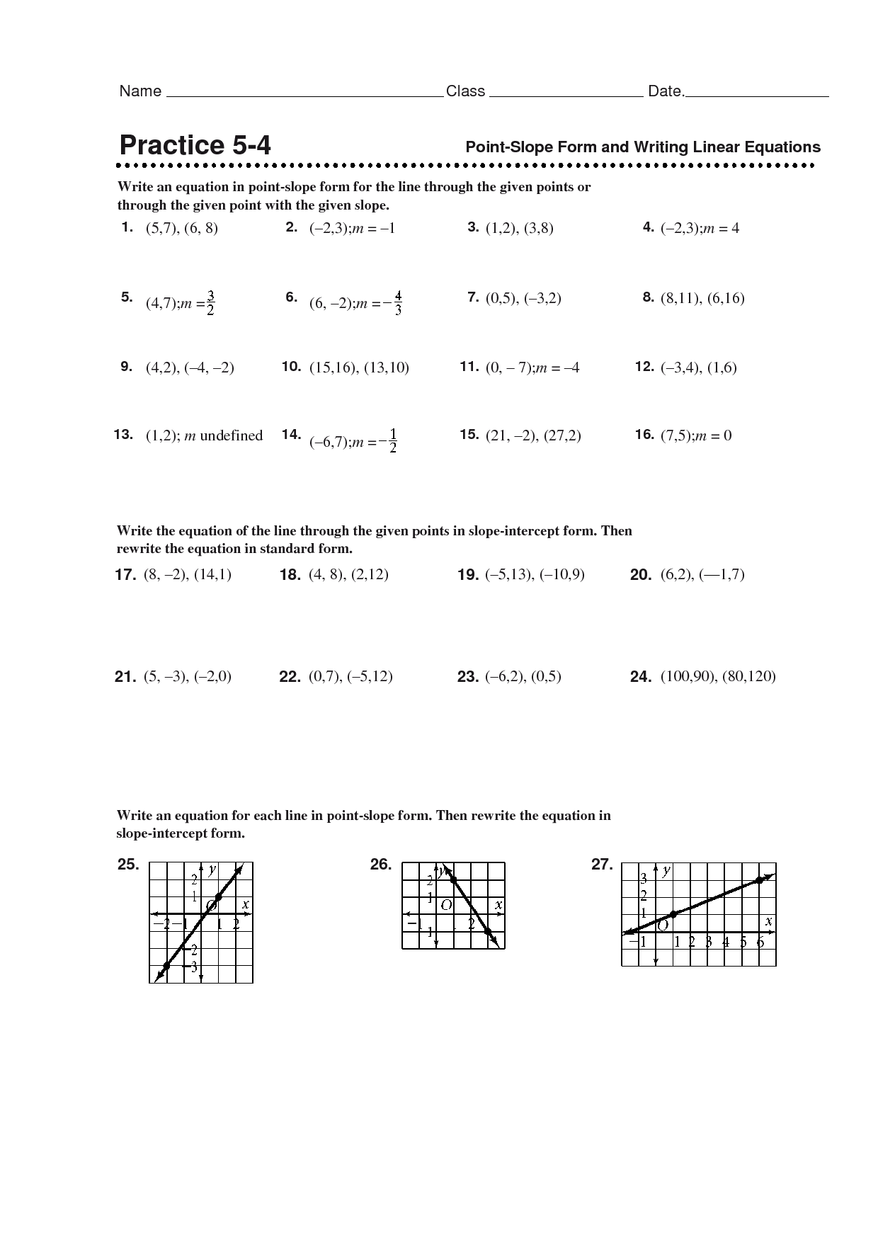 Writing Linear Equations Point-Slope Form Worksheet Image