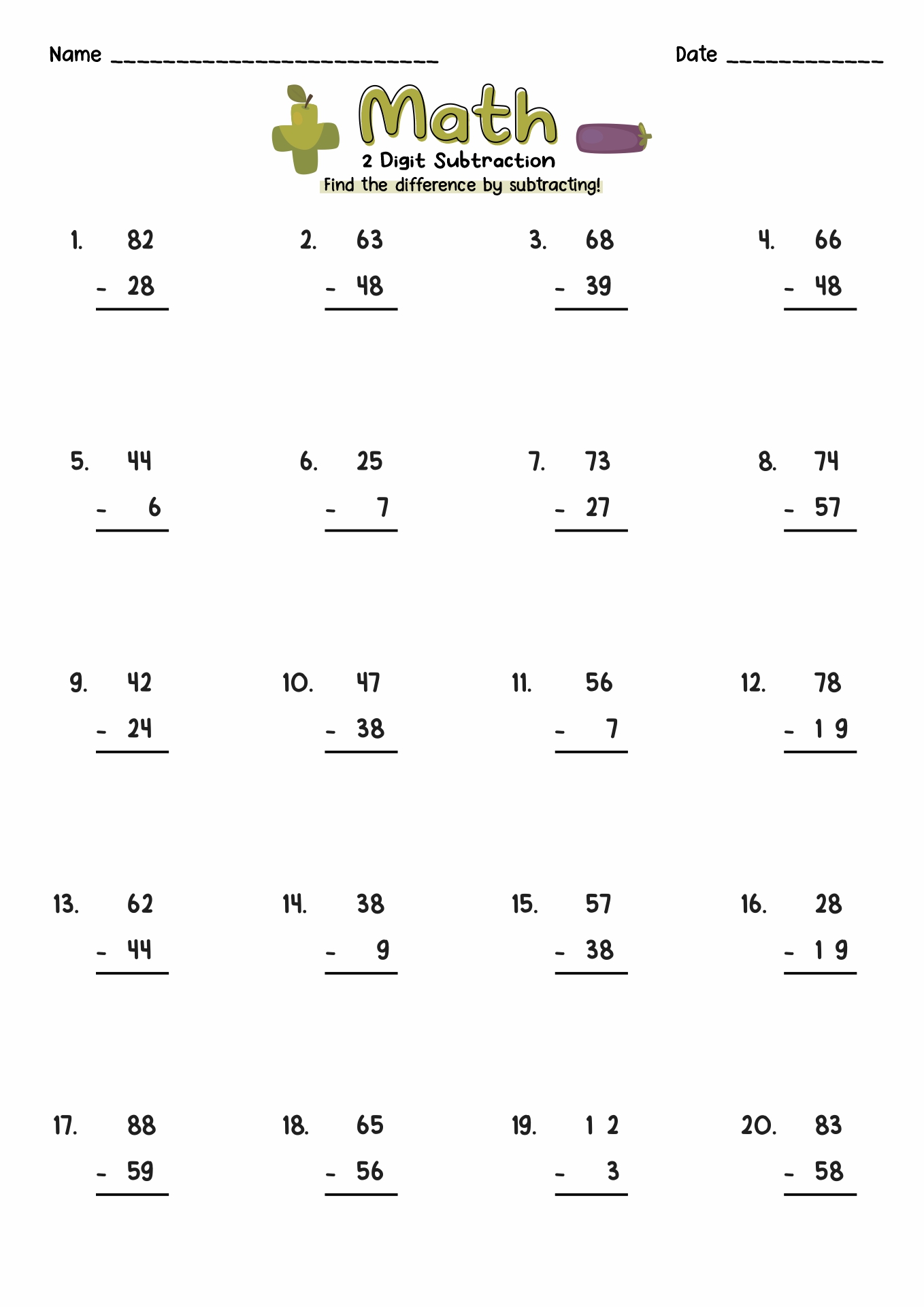2nd Grade Math Subtraction Worksheets Image