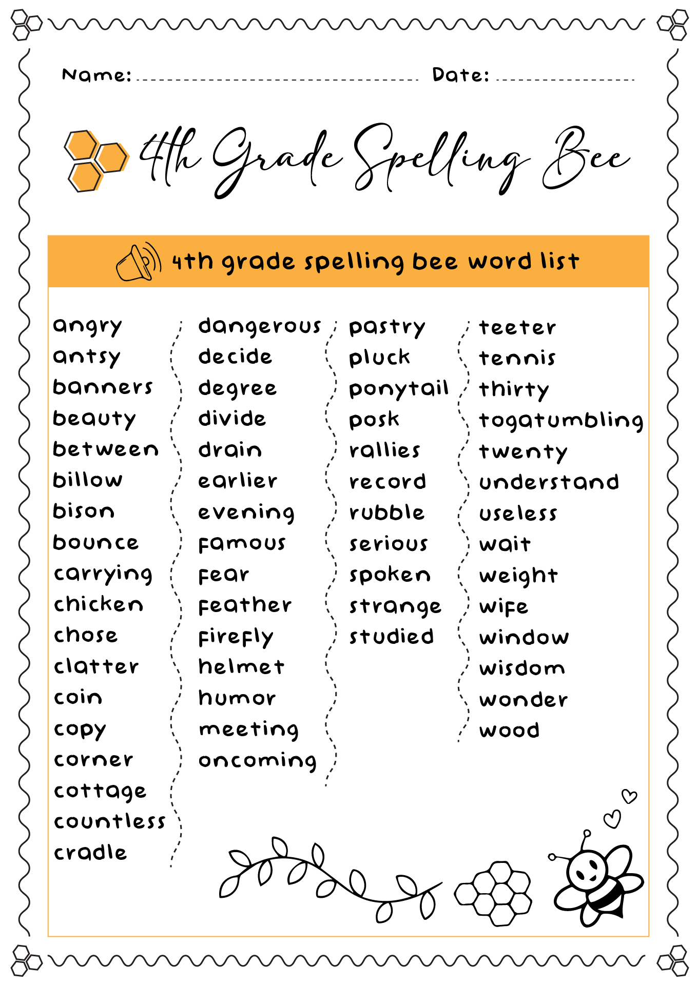 Spelling Bee Word List Printable