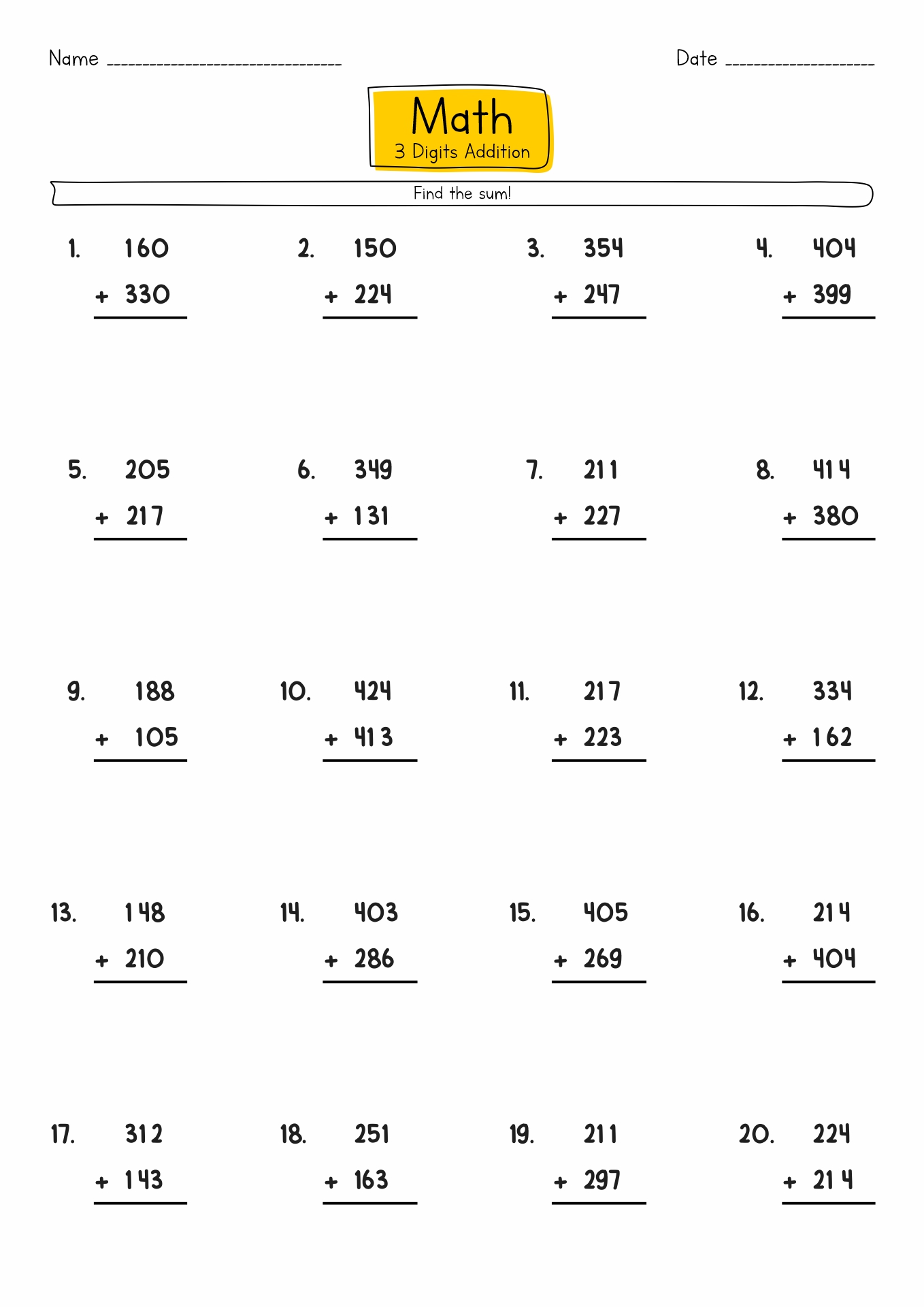 Adding Three-Digit Numbers Worksheets Image