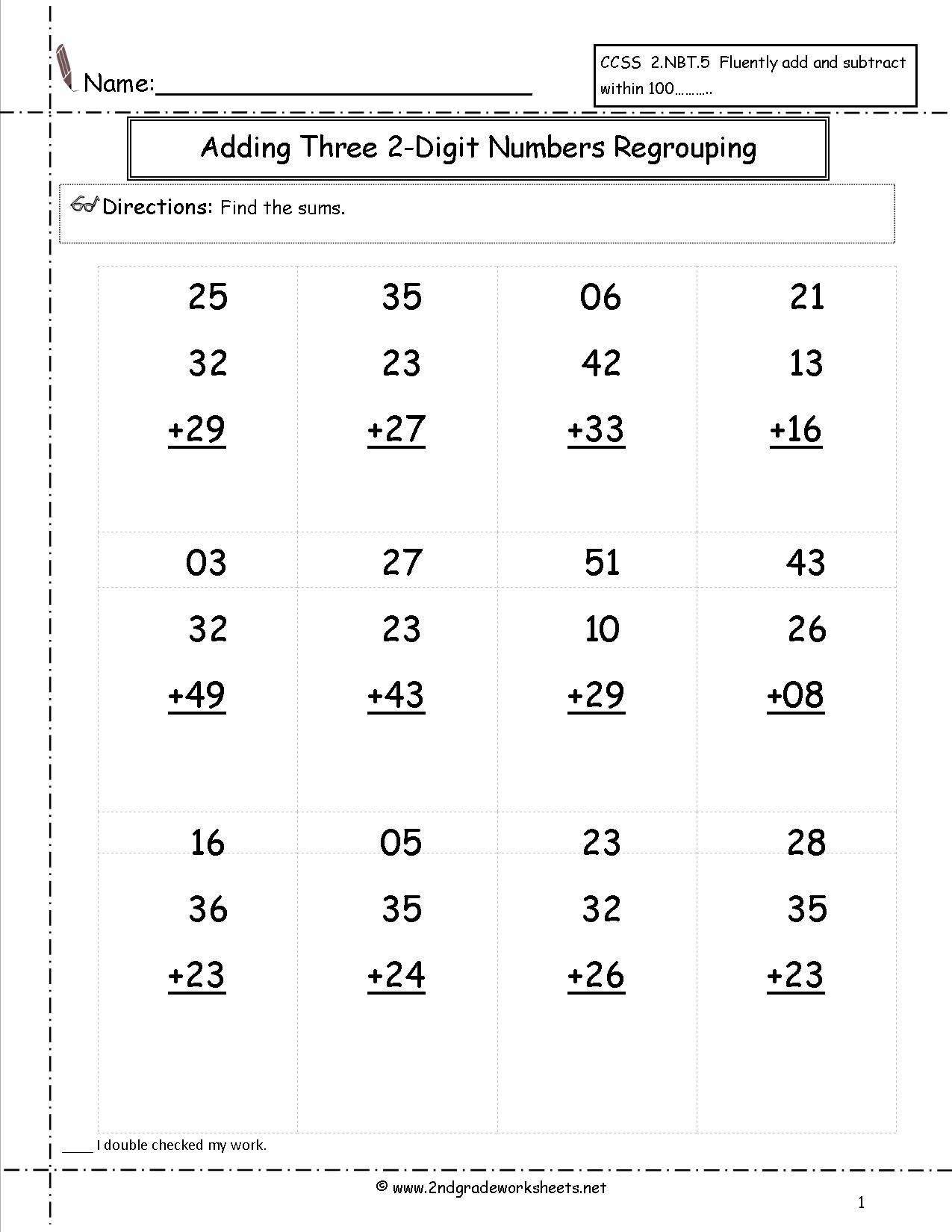 Adding Two Digit Numbers with Regrouping Worksheet Image