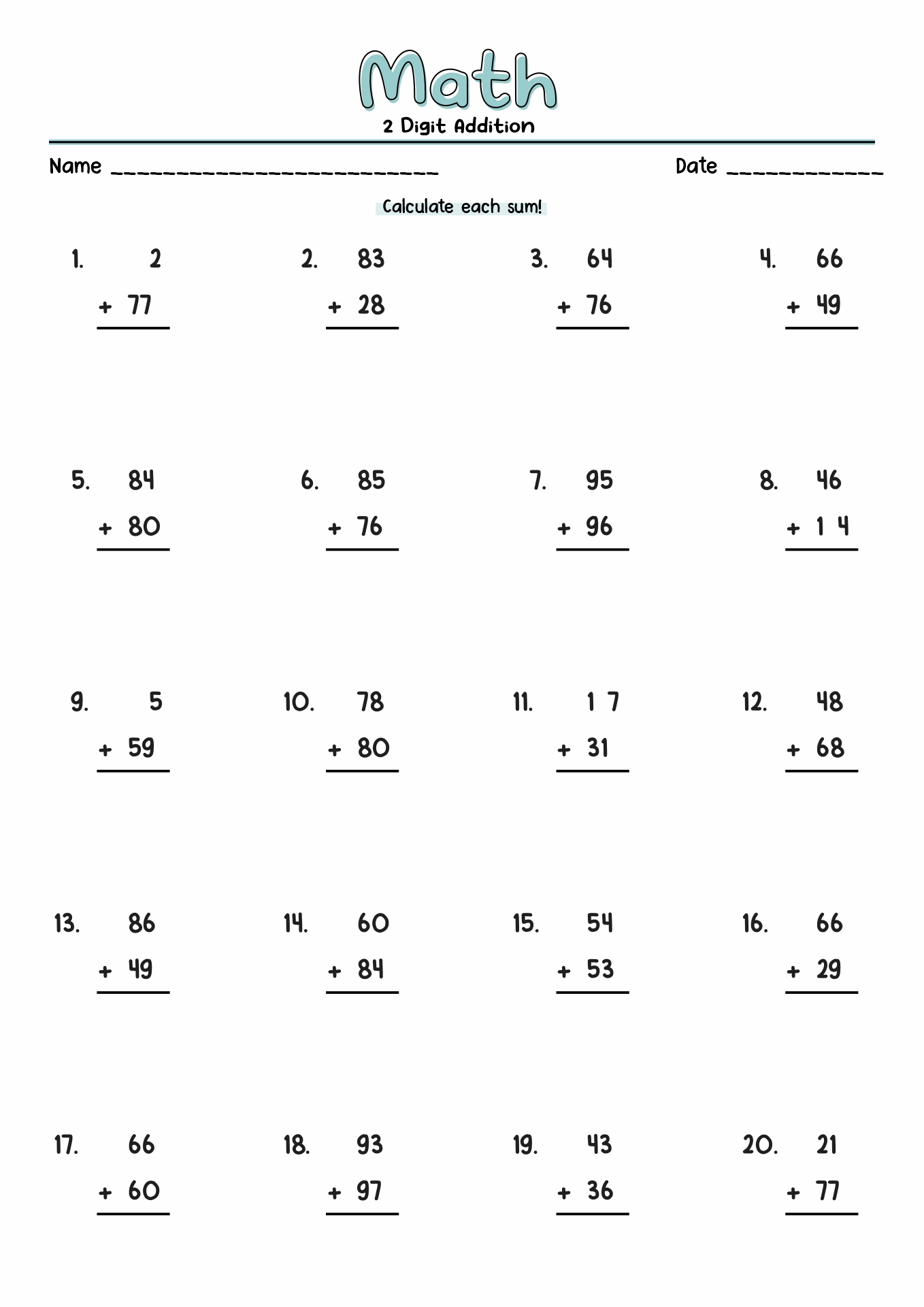 Adding Two Digit Numbers Worksheet Image