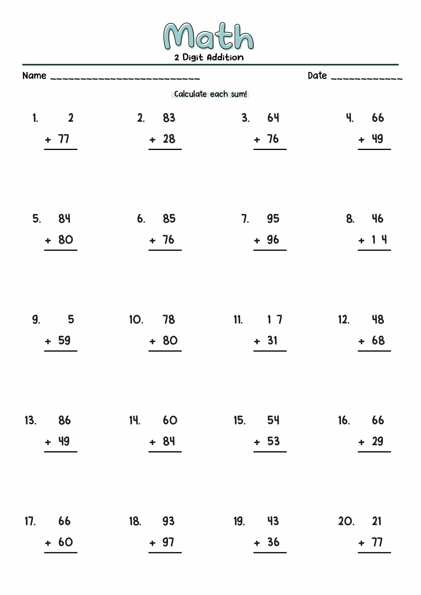 Adding Subtracting 2 Digit Numbers Worksheets