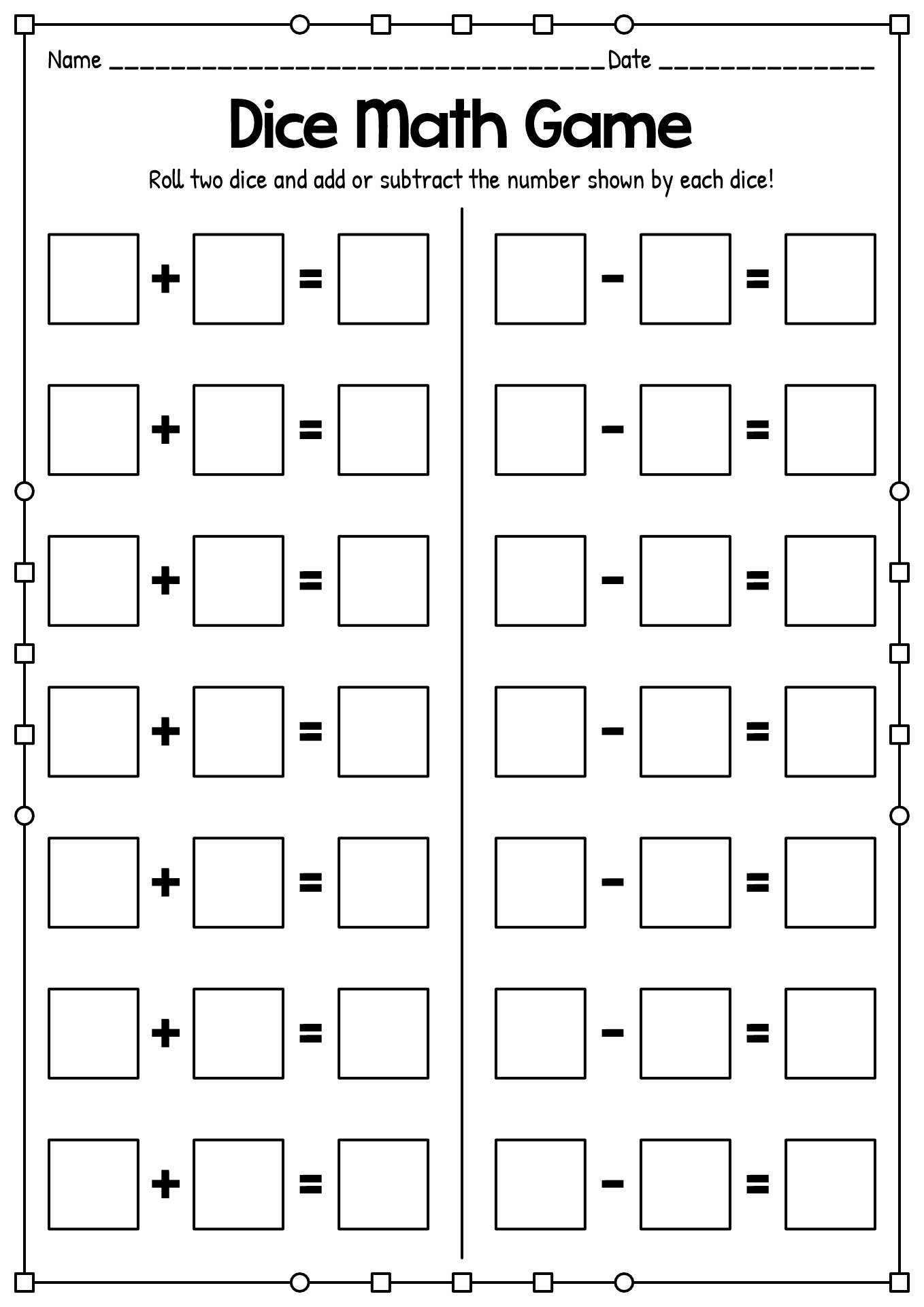 Addition and Subtraction Dice Game Sheet
