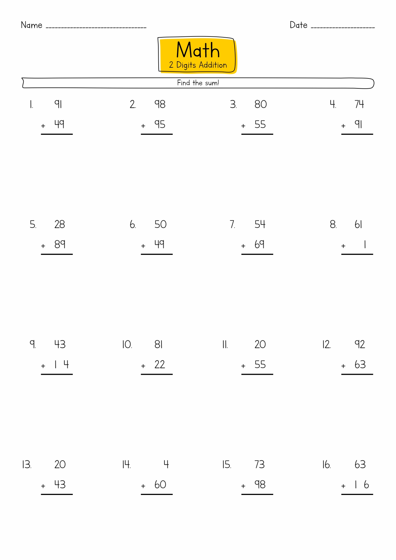 16 Best Images of Double Digit Addition Printable