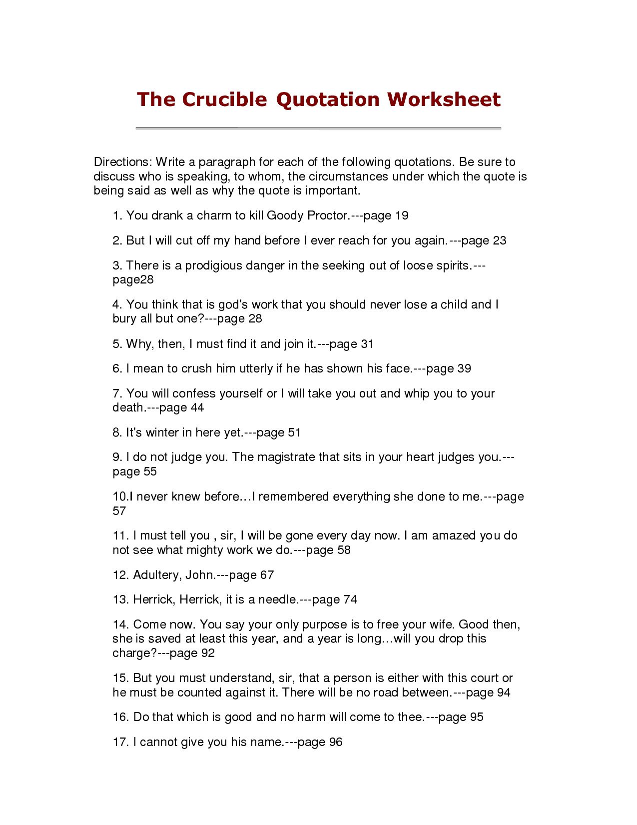 Arthur Miller Crucible Worksheets