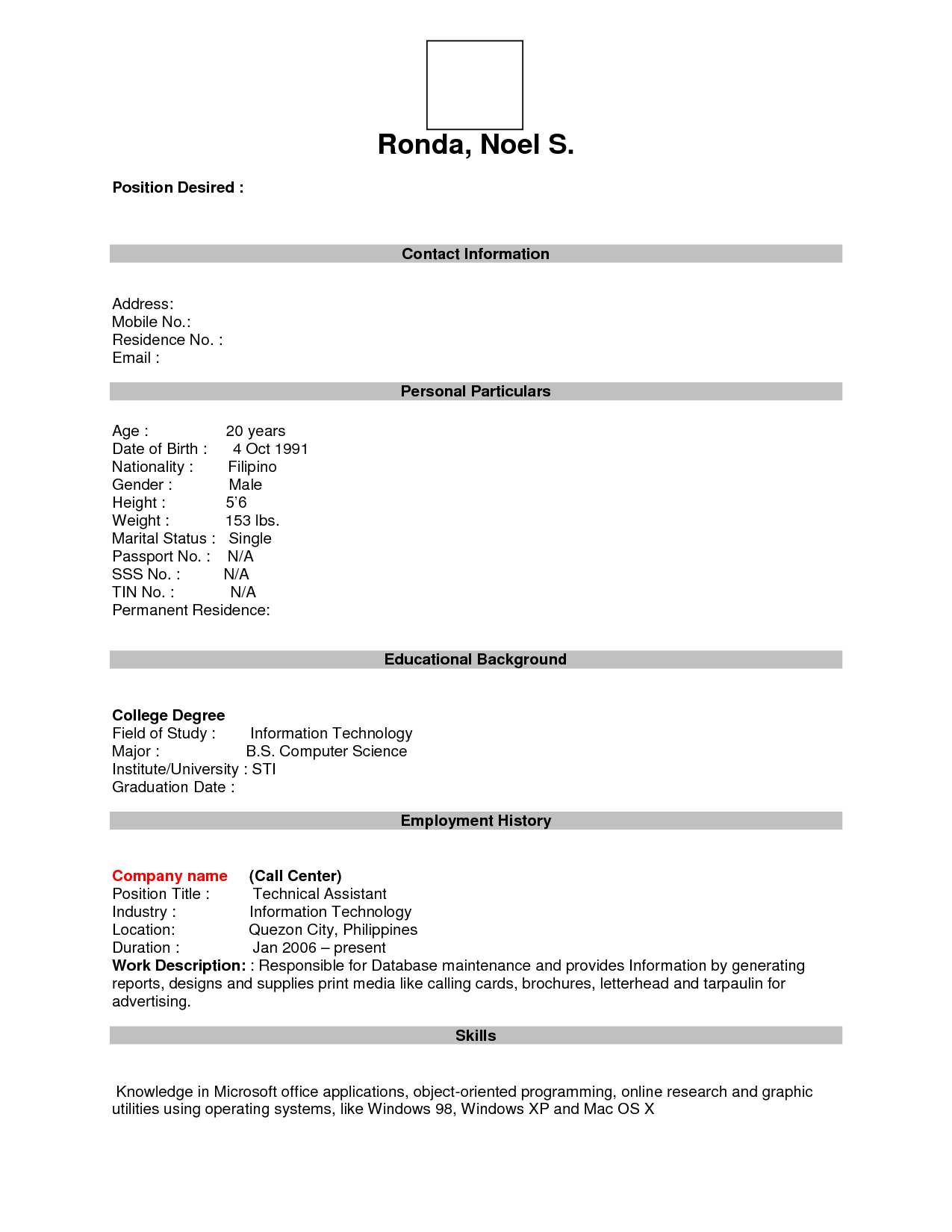 Blank Resume Form Download Image