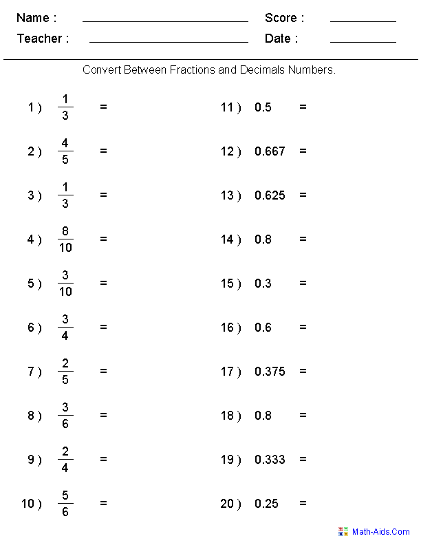 Convert Decimal to Fraction Worksheet Image