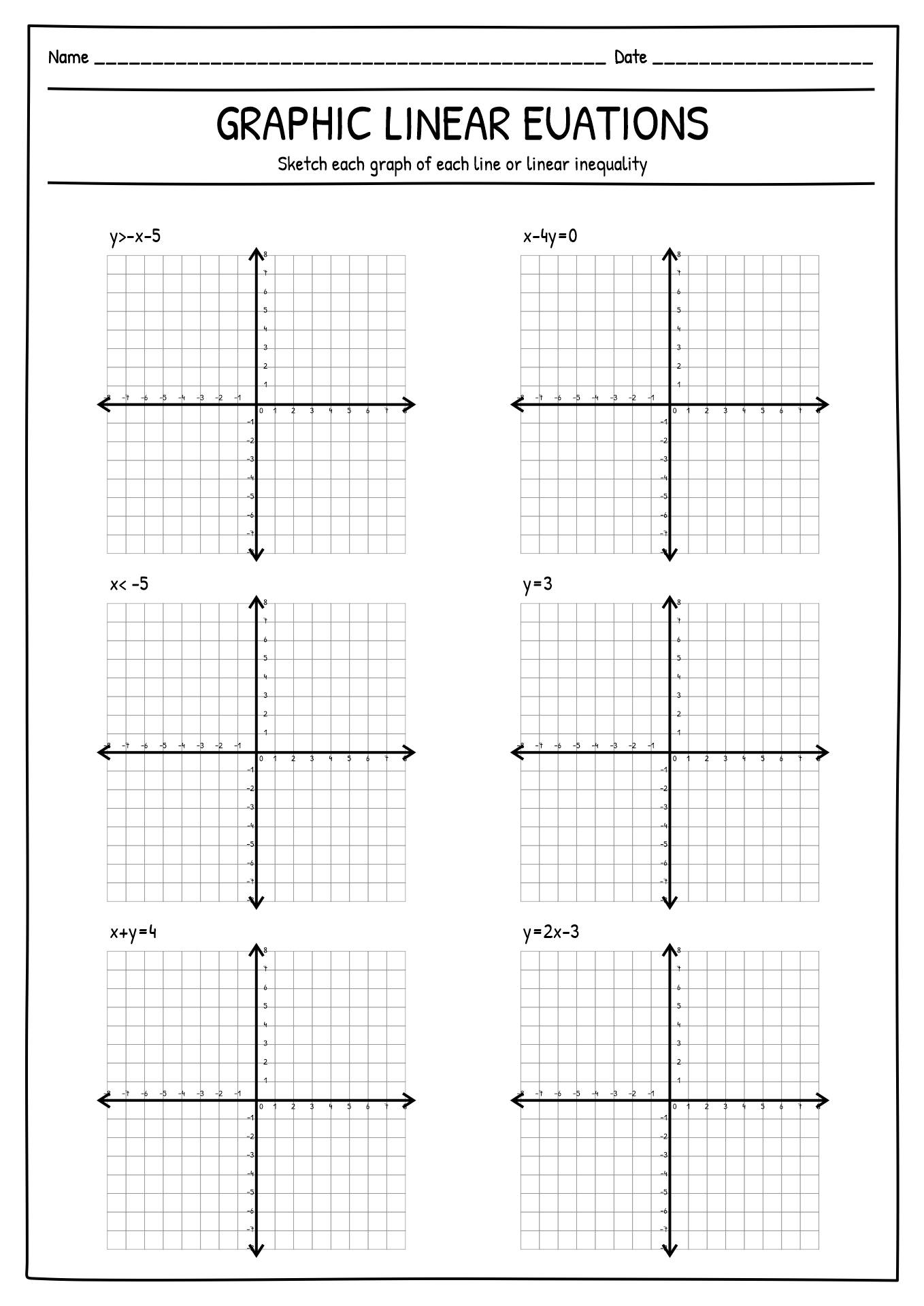 Coordinate Plane Graphing Linear Equations Worksheet