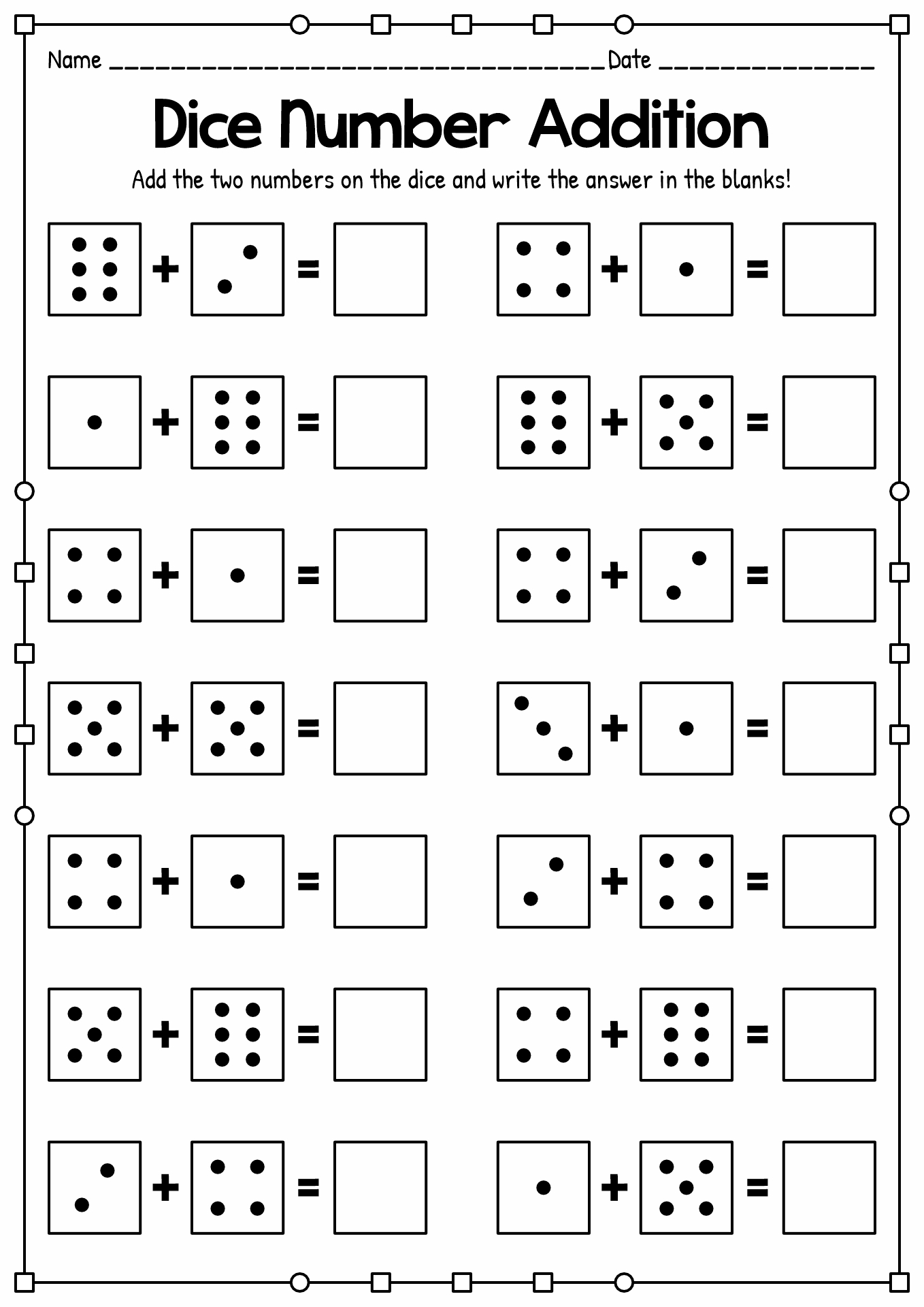 Dice Math Addition Worksheets