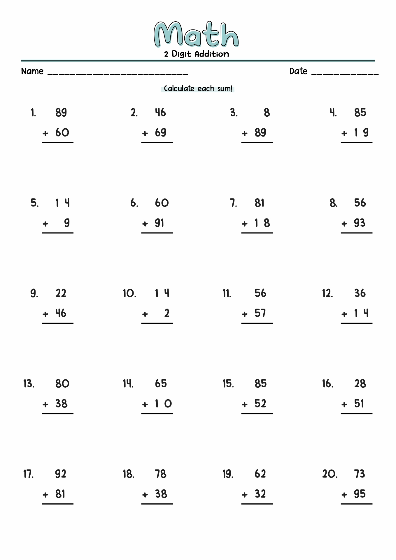 Free Math Double-Digit Addition Worksheet Image