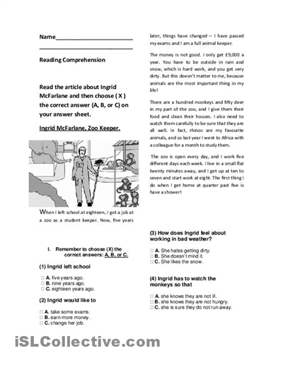 Free Reading Comprehension Worksheets Grade 7 Image