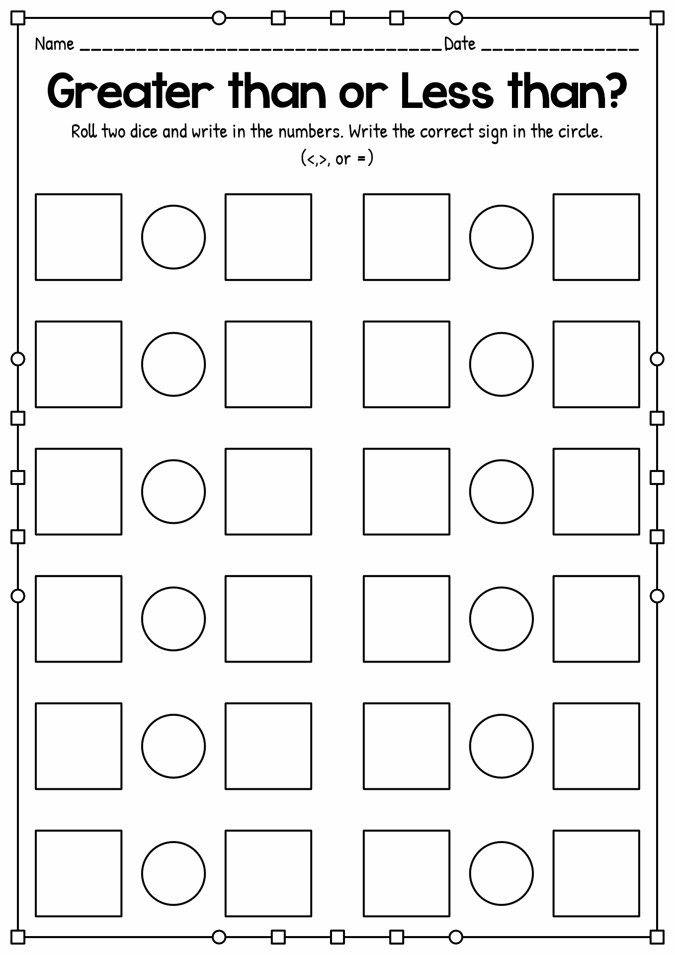 Greater than Less than Dice Game Printable